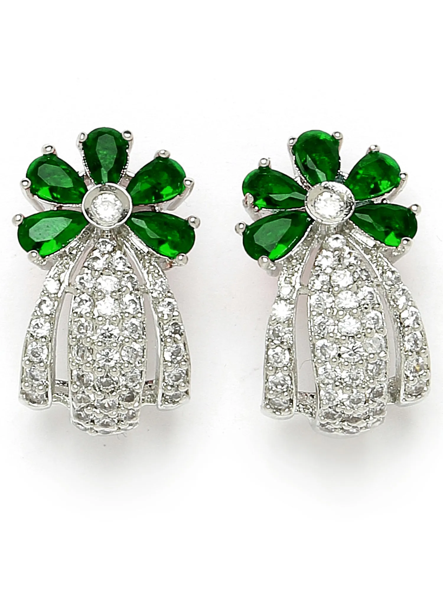 Karatcart Silver Plated Green Stones Floral Design AD Stud Earrings for Women