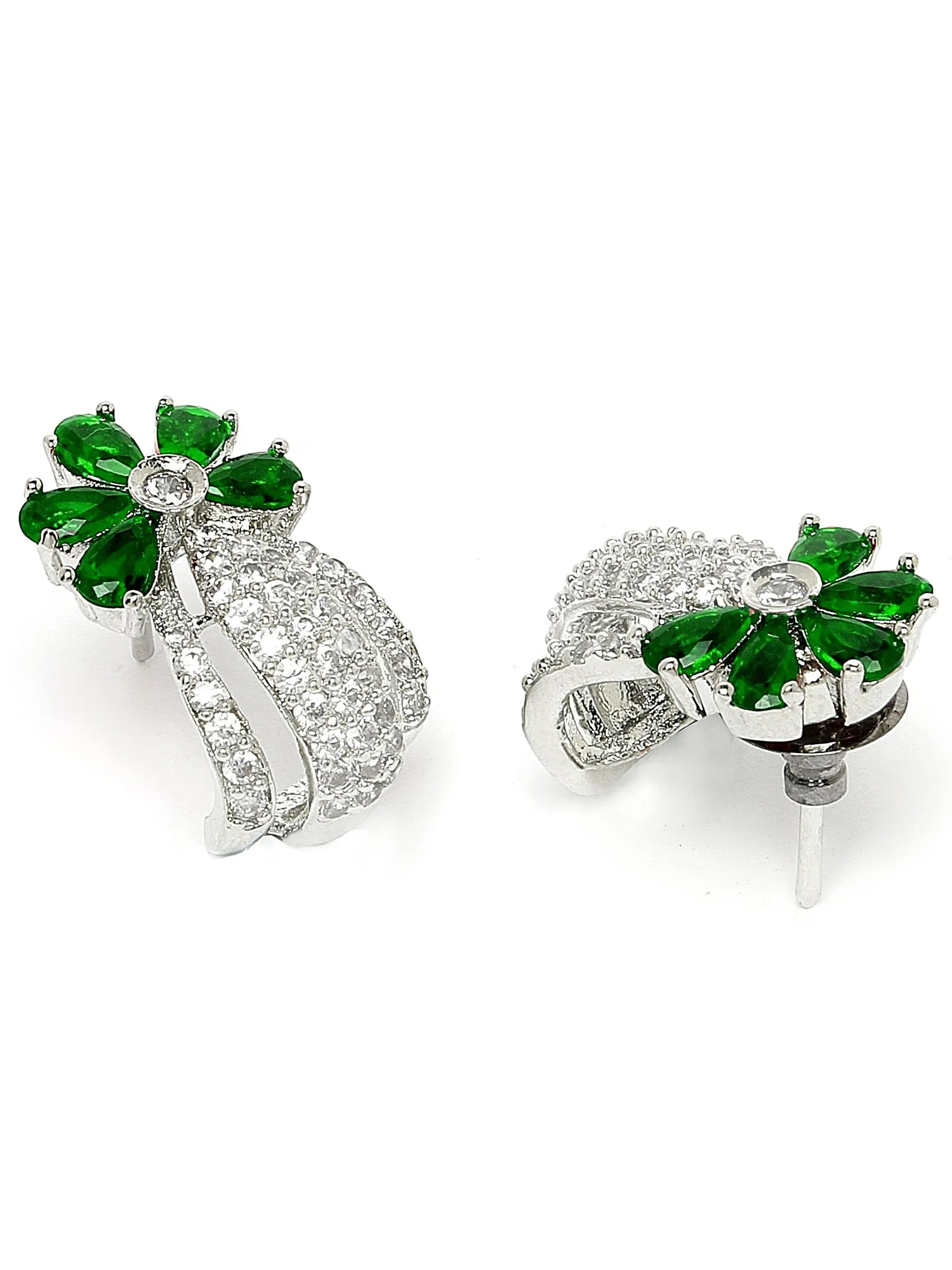 Karatcart Silver Plated Green Stones Floral Design AD Stud Earrings for Women