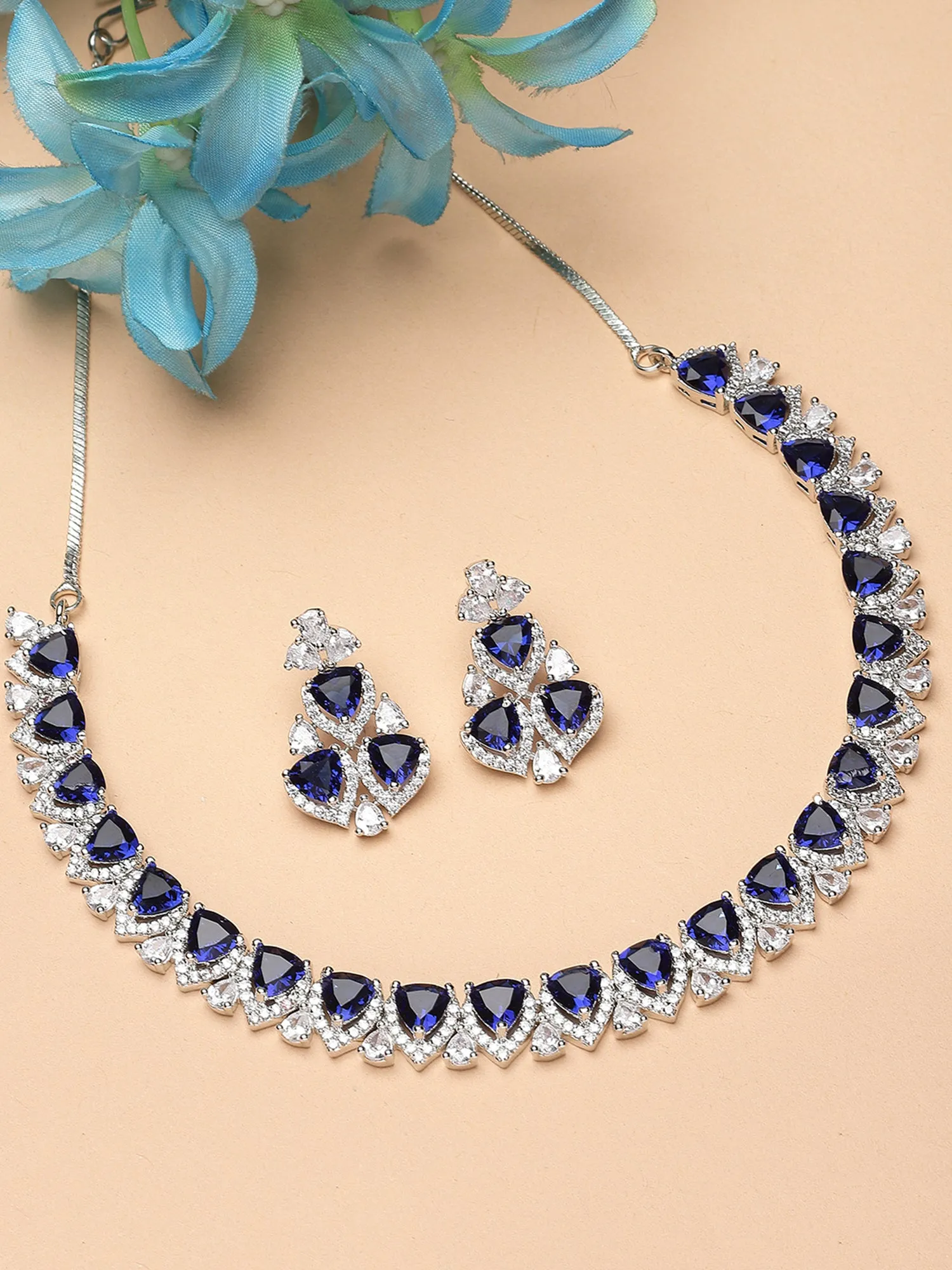 Karatcart Silver Plated Heart Shape Blue Cubic Zirconia Necklace Set for Women