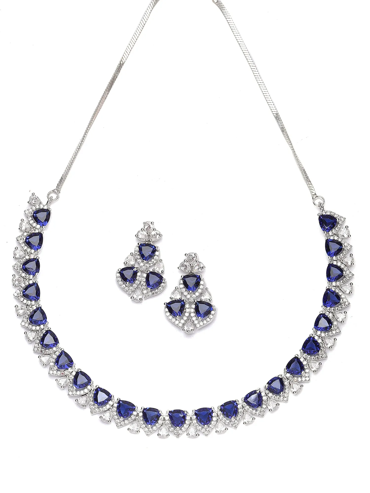 Karatcart Silver Plated Heart Shape Blue Cubic Zirconia Necklace Set for Women