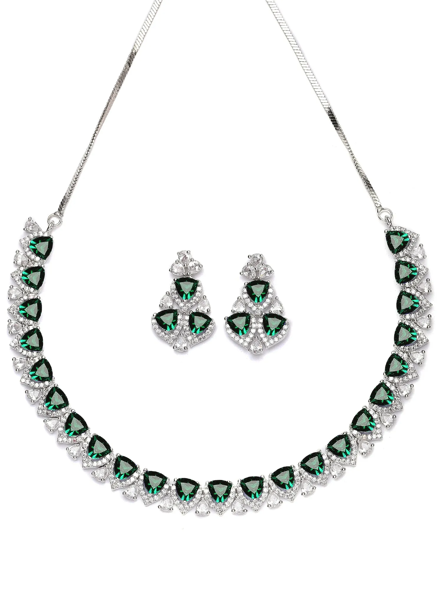 Karatcart Silver Plated Heart Shape Green Cubic Zirconia Necklace Set for Women