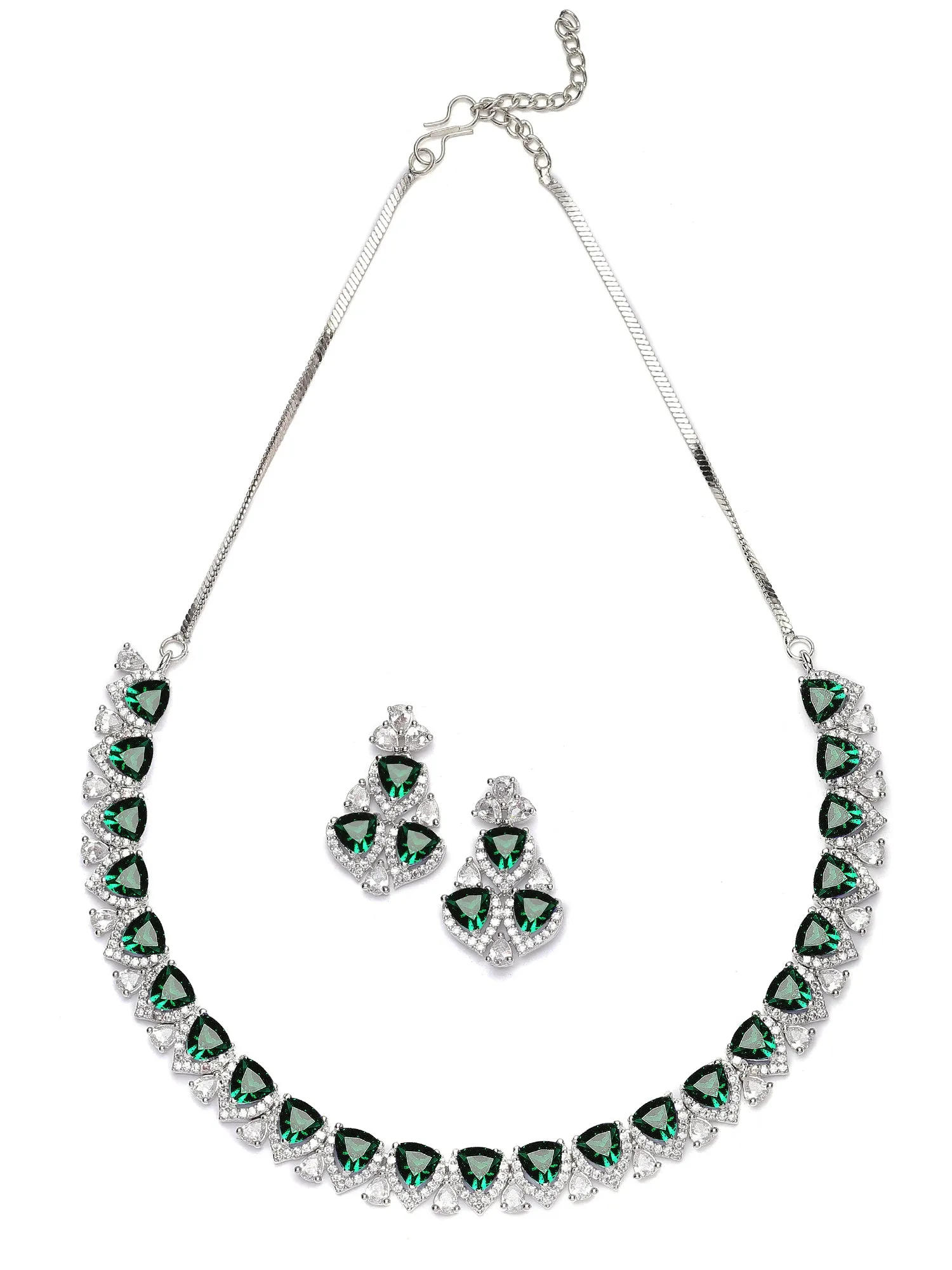 Karatcart Silver Plated Heart Shape Green Cubic Zirconia Necklace Set for Women