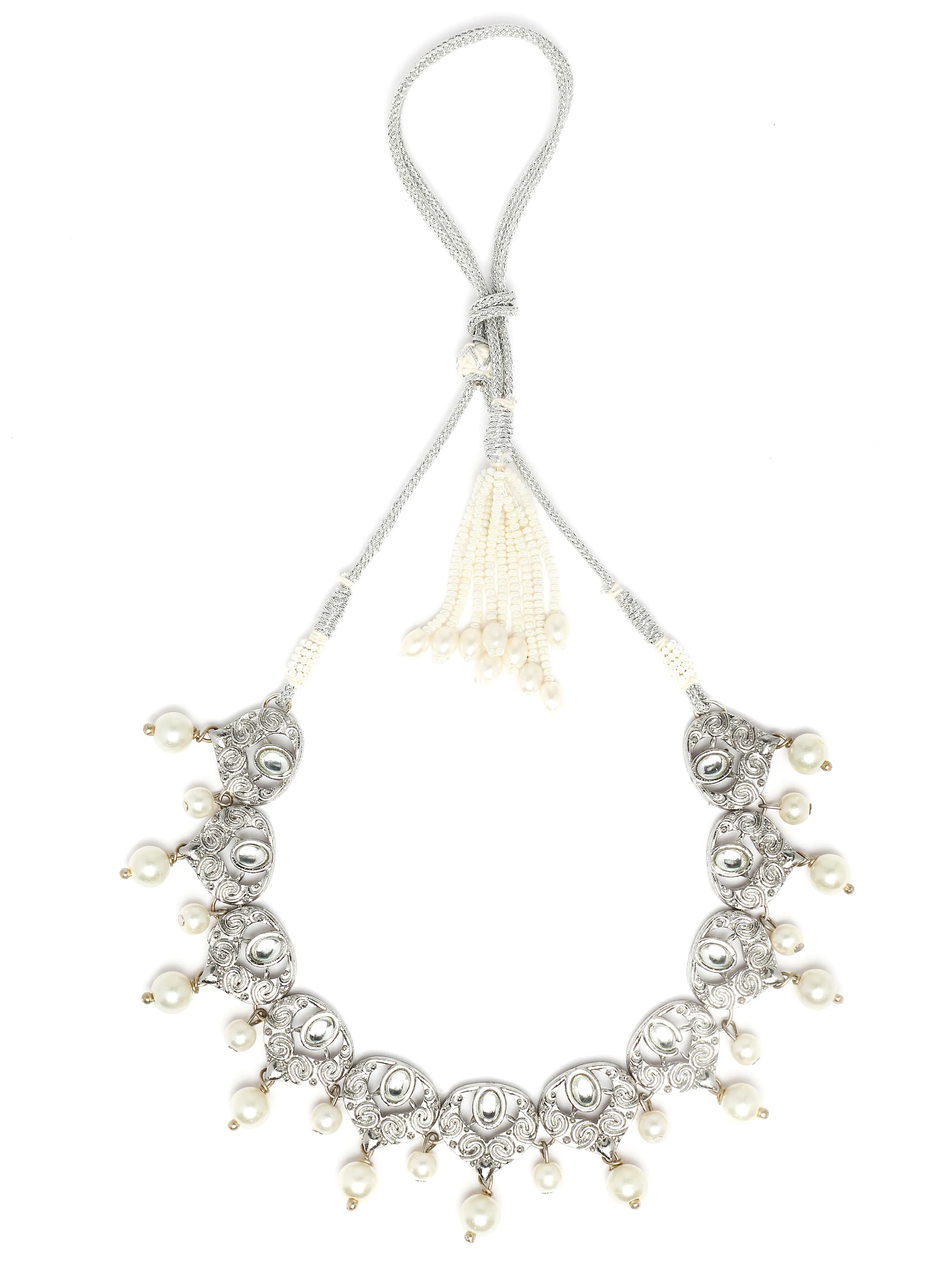 Karatcart Silver Plated Heart Shape Kundan and Pearl Studded Necklace Set for Women