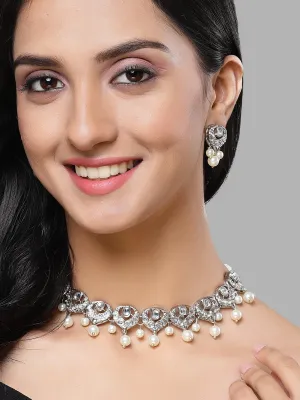 Karatcart Silver Plated Heart Shape Kundan and Pearl Studded Necklace Set for Women