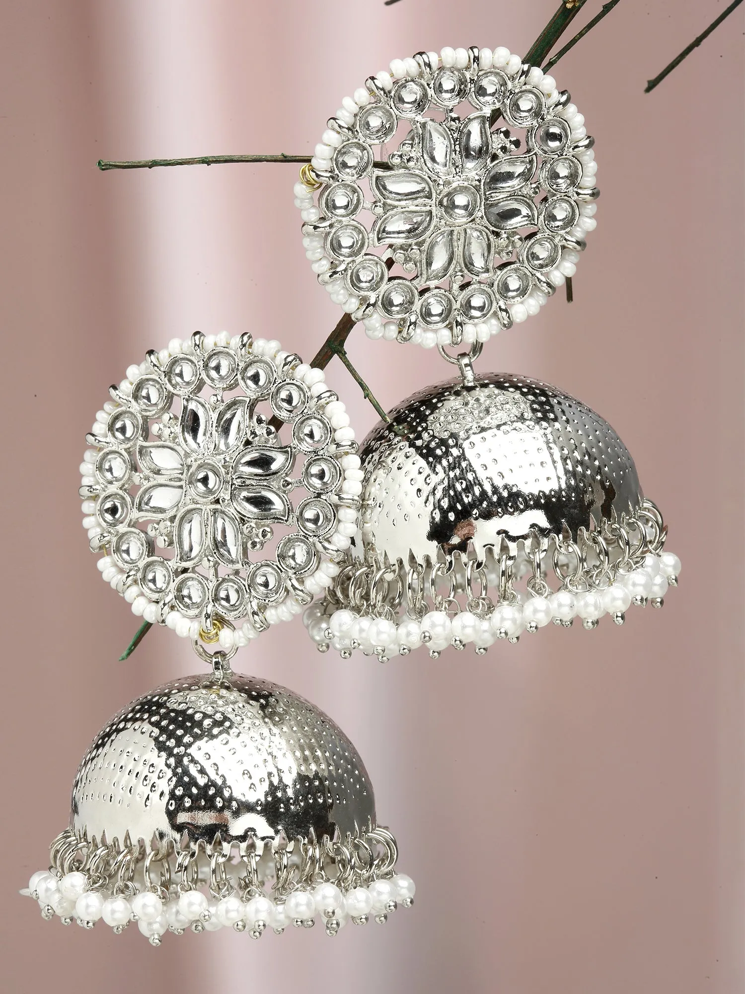 Karatcart Silver Plated Kundan Studded Jhumki Earrings for Women