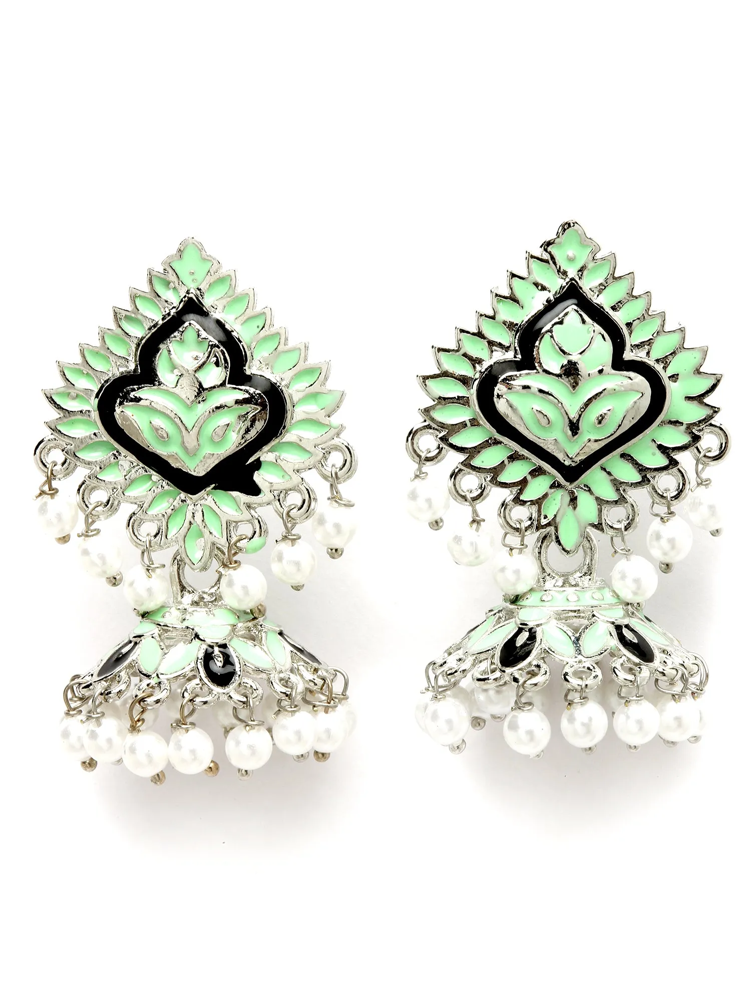 Karatcart Silver Plated Light Green Meena Jhumki Earrings for Women