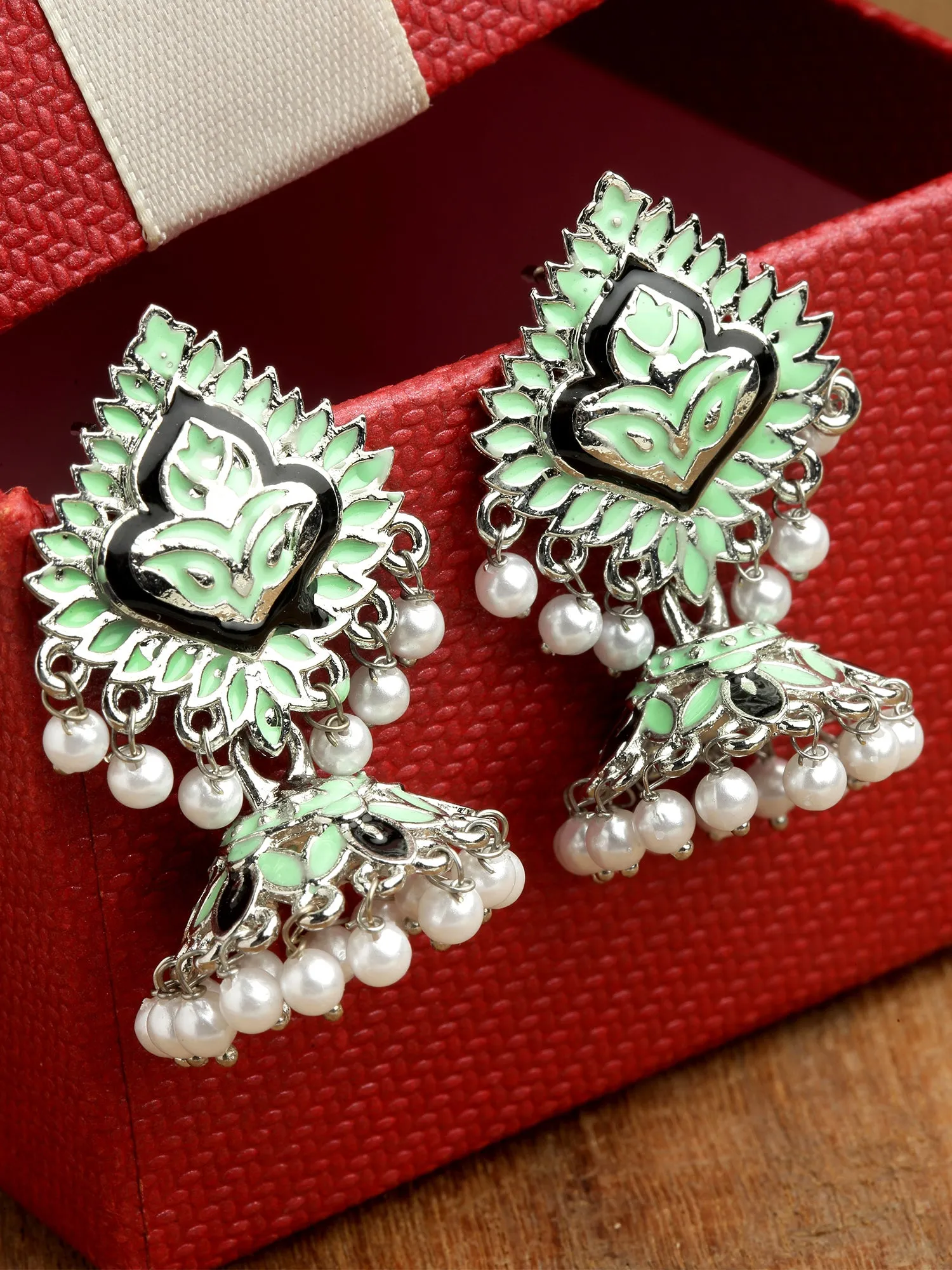 Karatcart Silver Plated Light Green Meena Jhumki Earrings for Women