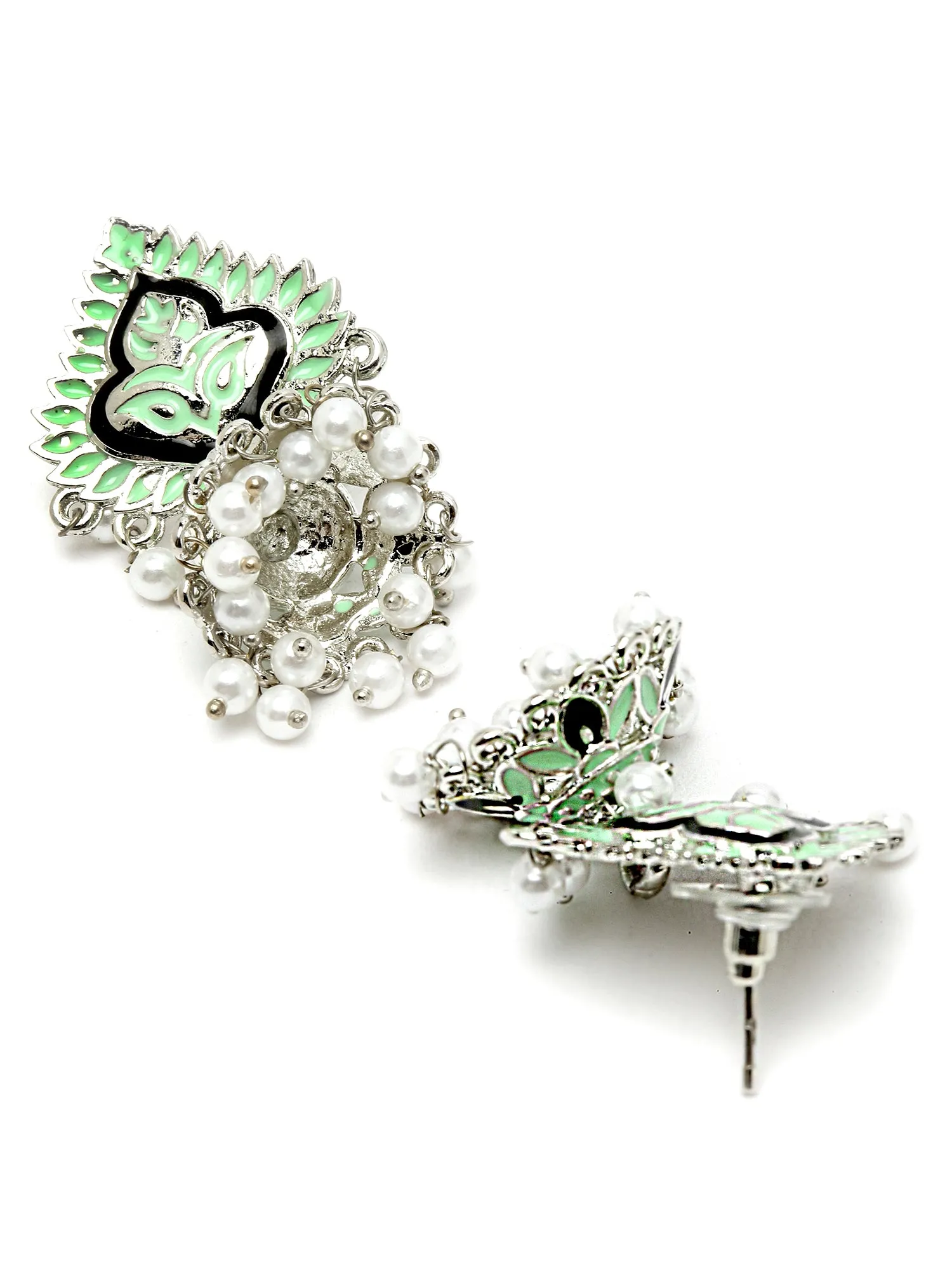 Karatcart Silver Plated Light Green Meena Jhumki Earrings for Women