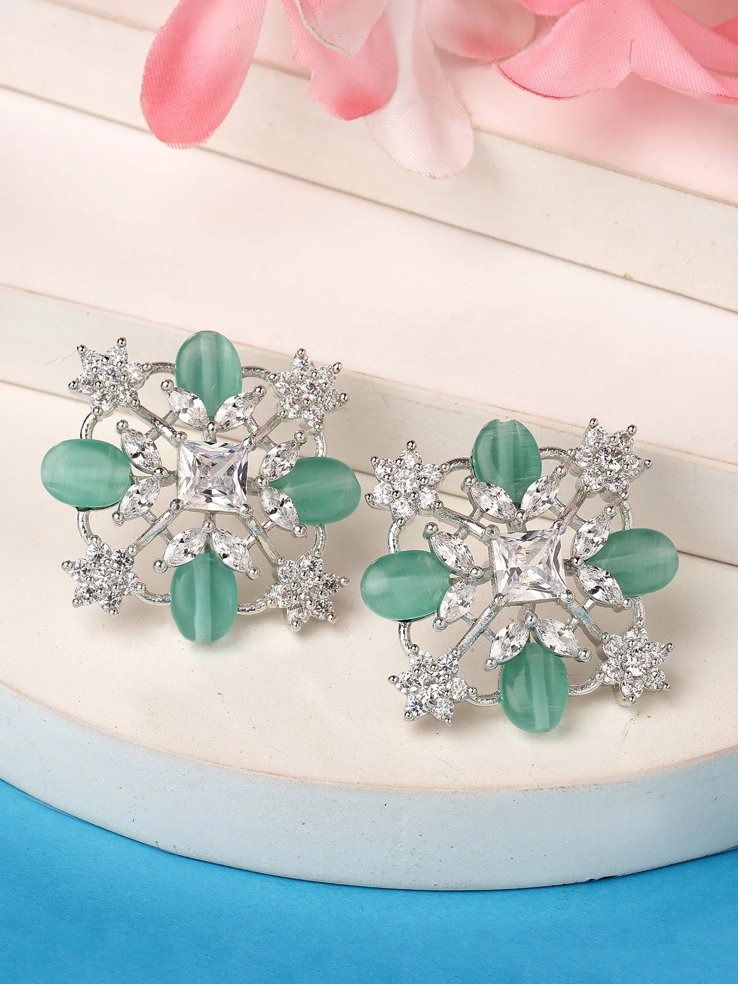 Karatcart Silver Plated Light Green Stones AD Stud Earrings for Women