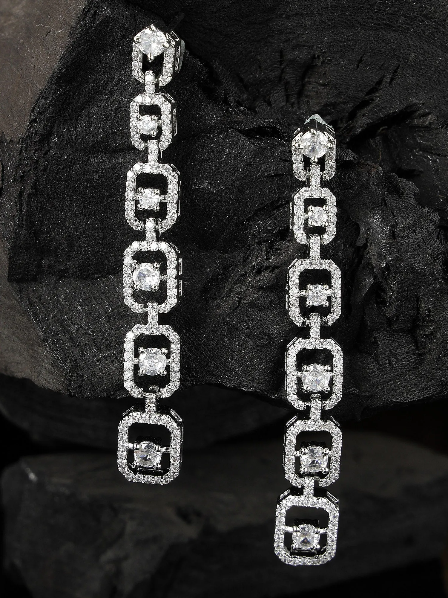 Karatcart Silver Plated Long Cubic Zirconia Drop Earrings for Women