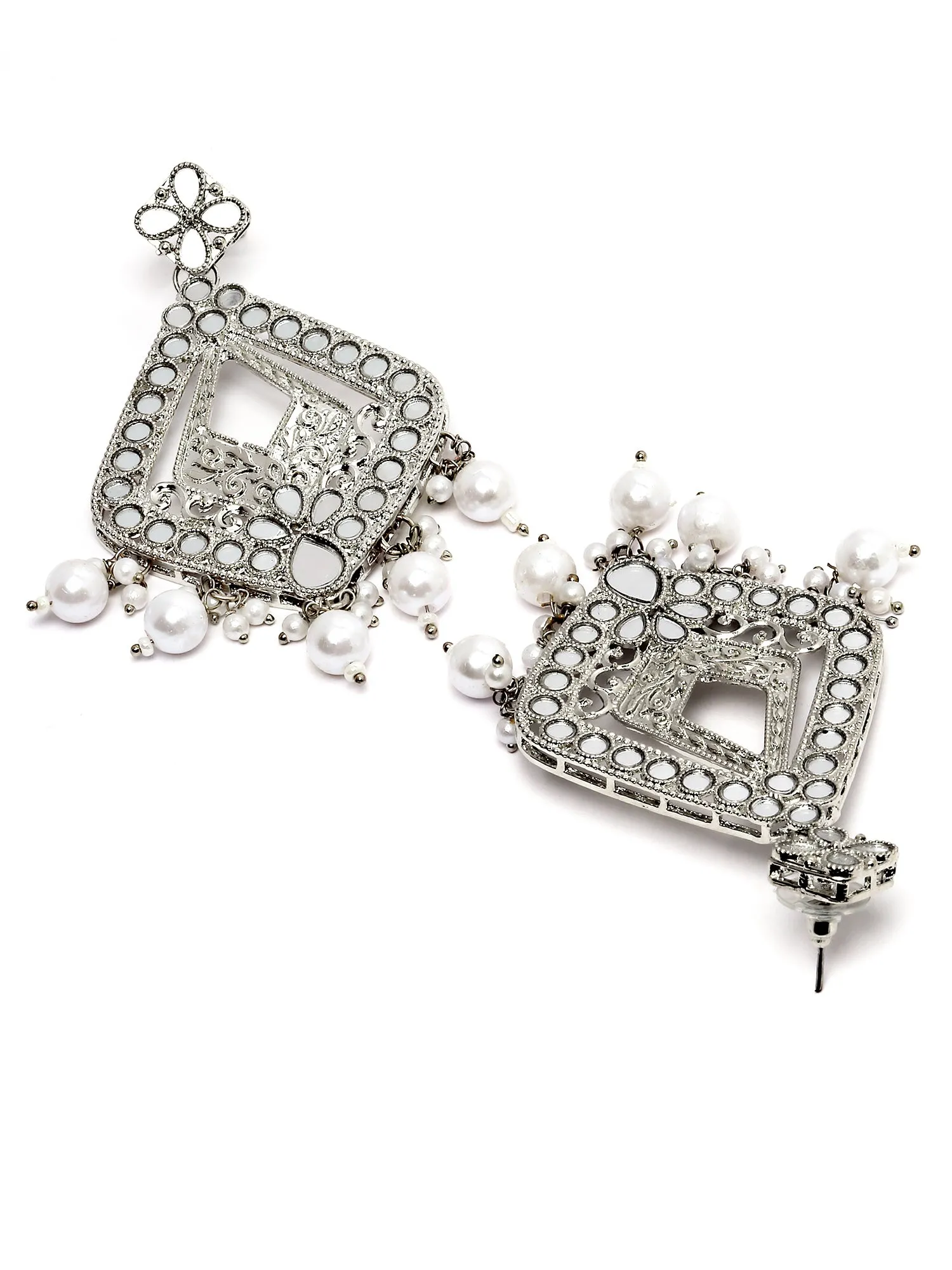 Karatcart Silver Plated Mirror Studded Diamond Shape Dangler Earrings for Women