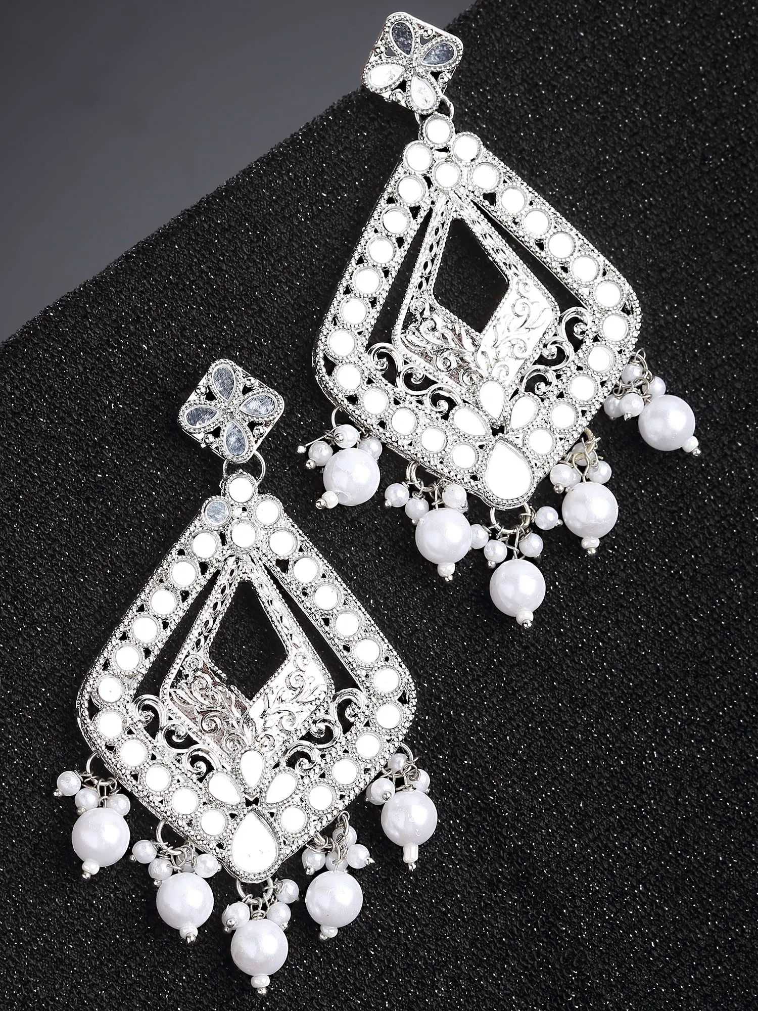 Karatcart Silver Plated Mirror Studded Diamond Shape Dangler Earrings for Women