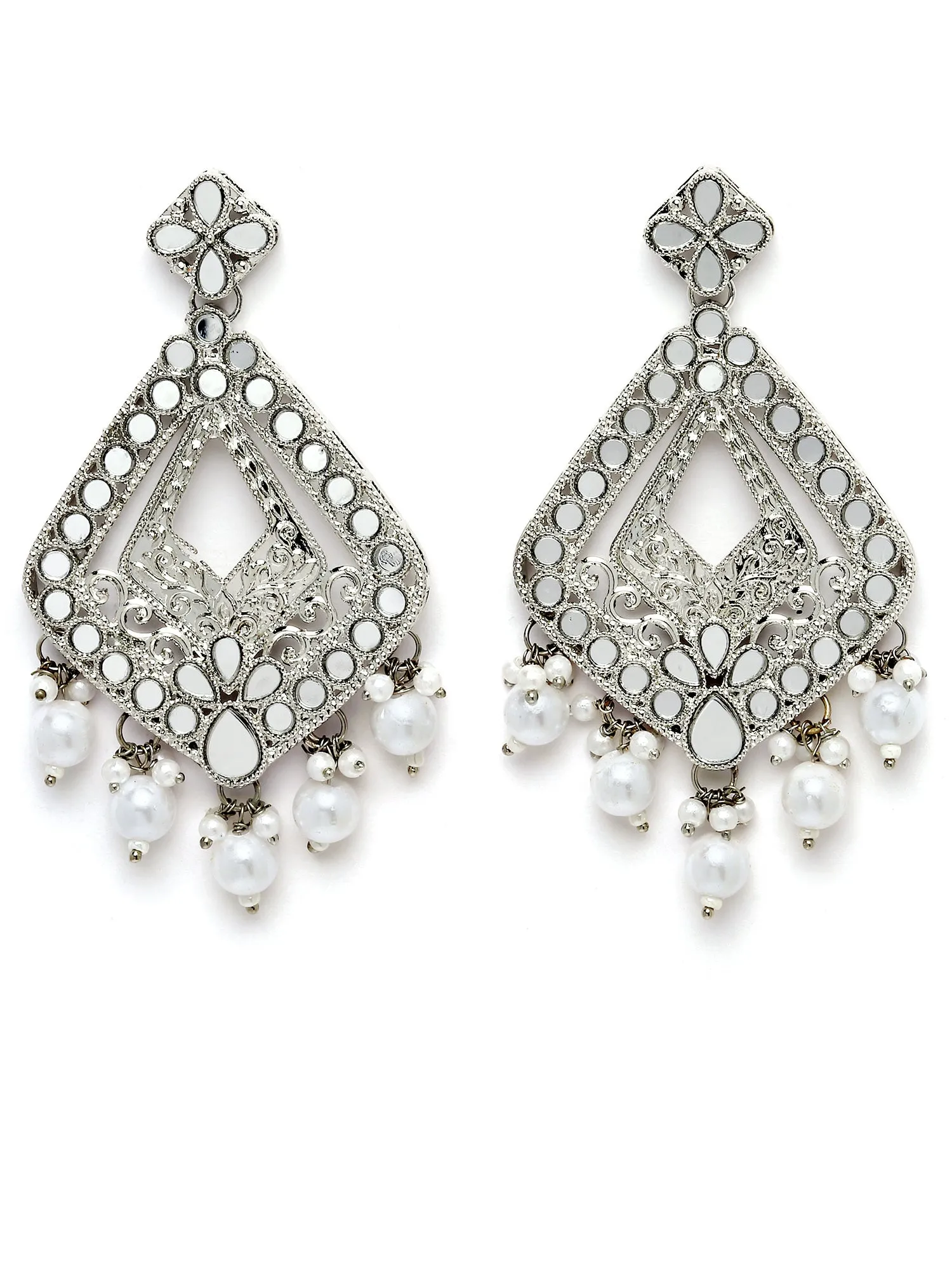 Karatcart Silver Plated Mirror Studded Diamond Shape Dangler Earrings for Women