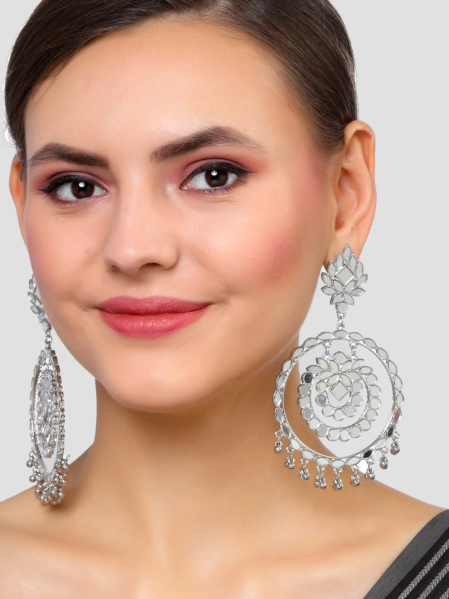 Karatcart Silver Plated Mirror Studded Round Shape Dangler Earrings for Women