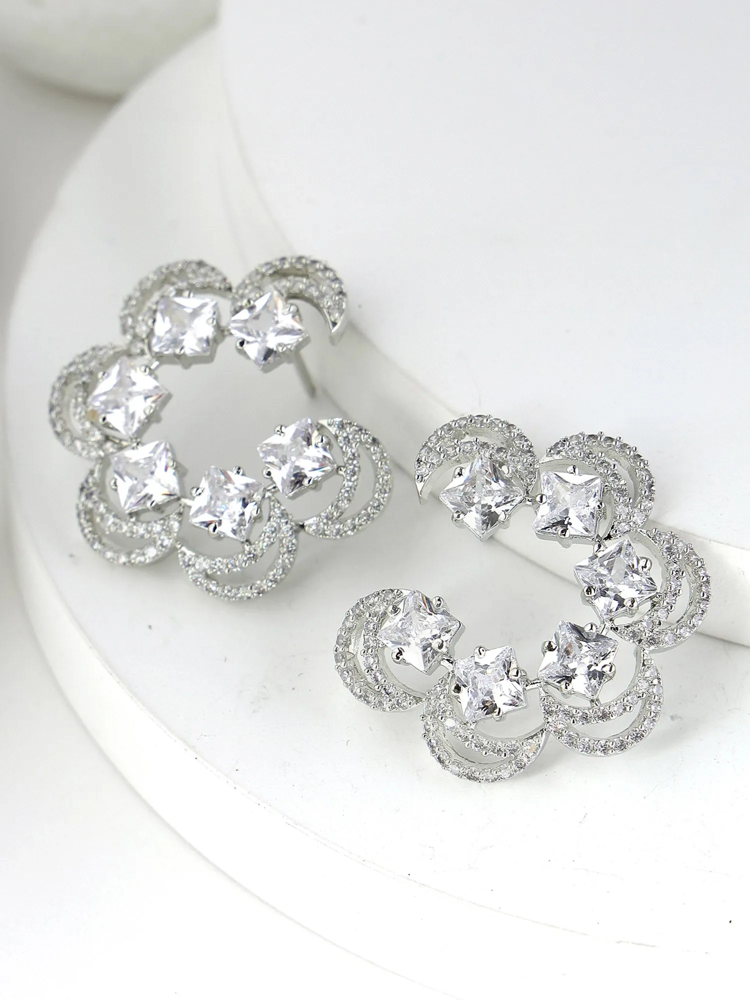 Karatcart Silver Plated Moon Design Cubic Zirconia Stud Earrings for Women