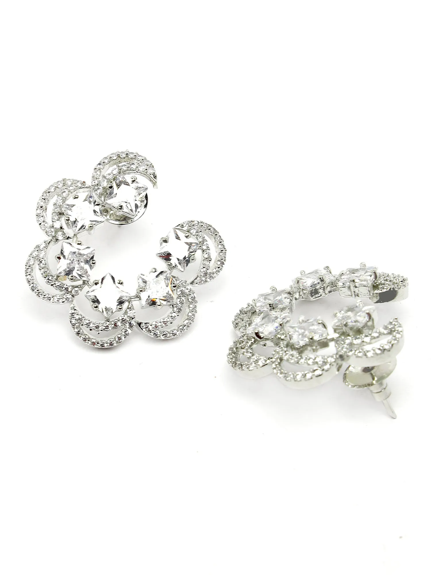 Karatcart Silver Plated Moon Design Cubic Zirconia Stud Earrings for Women