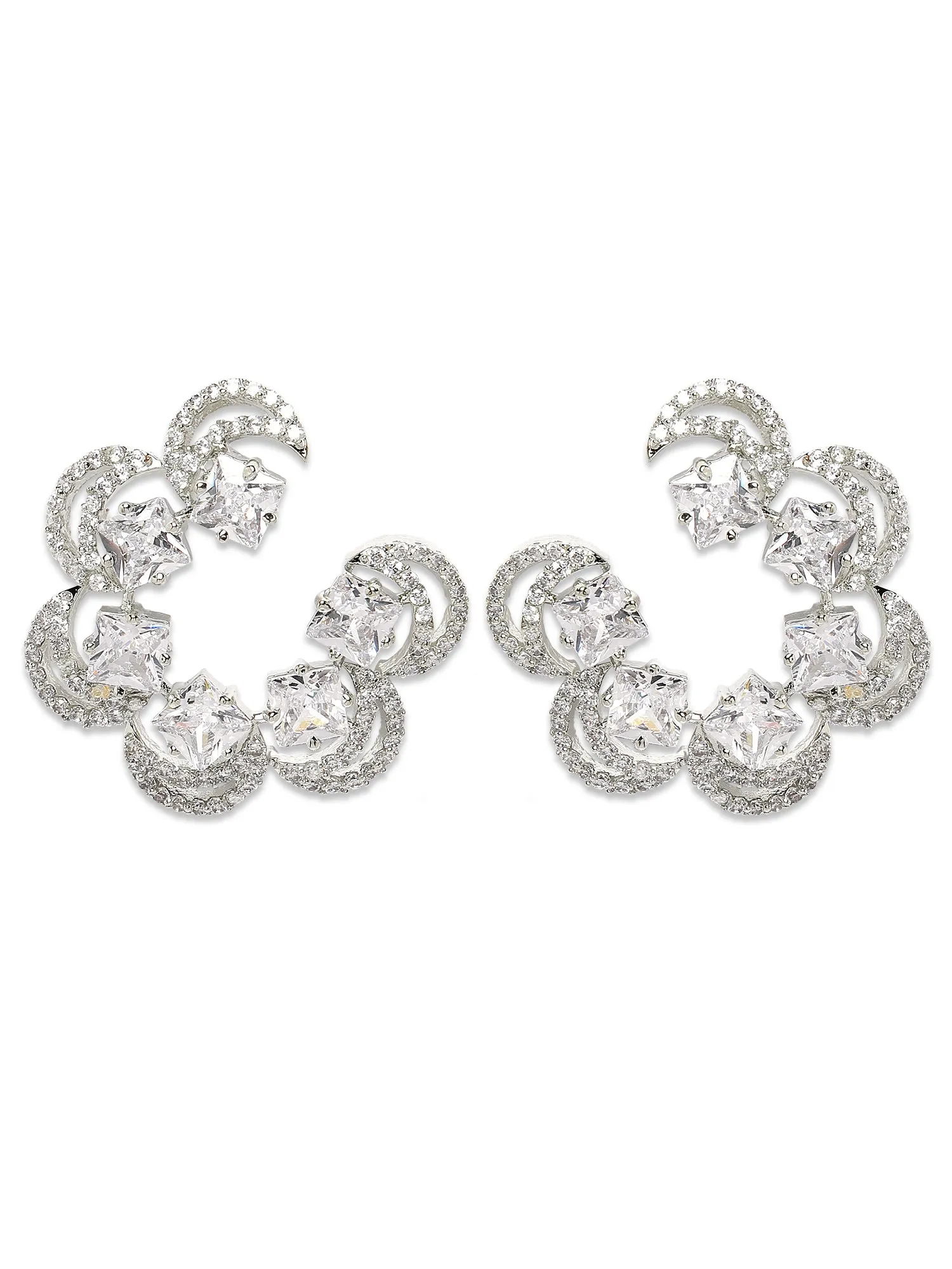 Karatcart Silver Plated Moon Design Cubic Zirconia Stud Earrings for Women