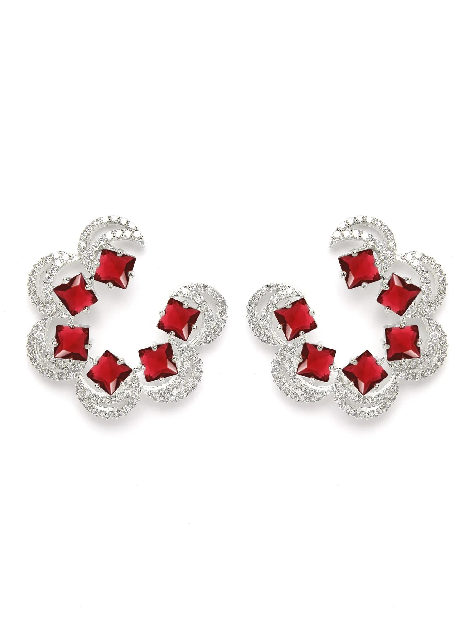 Karatcart Silver Plated Moon Design Red Cubic Zirconia Stud Earrings for Women