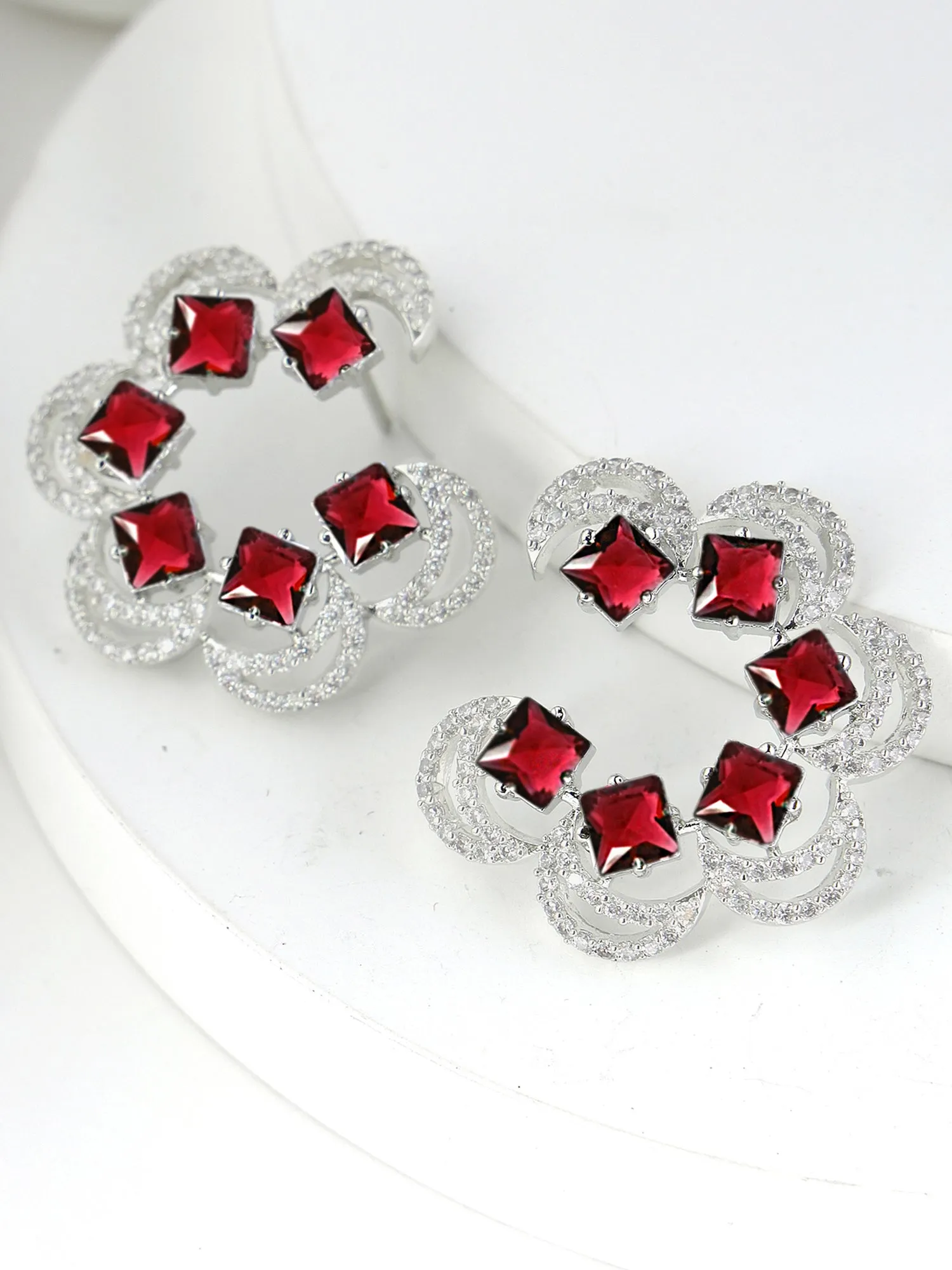 Karatcart Silver Plated Moon Design Red Cubic Zirconia Stud Earrings for Women