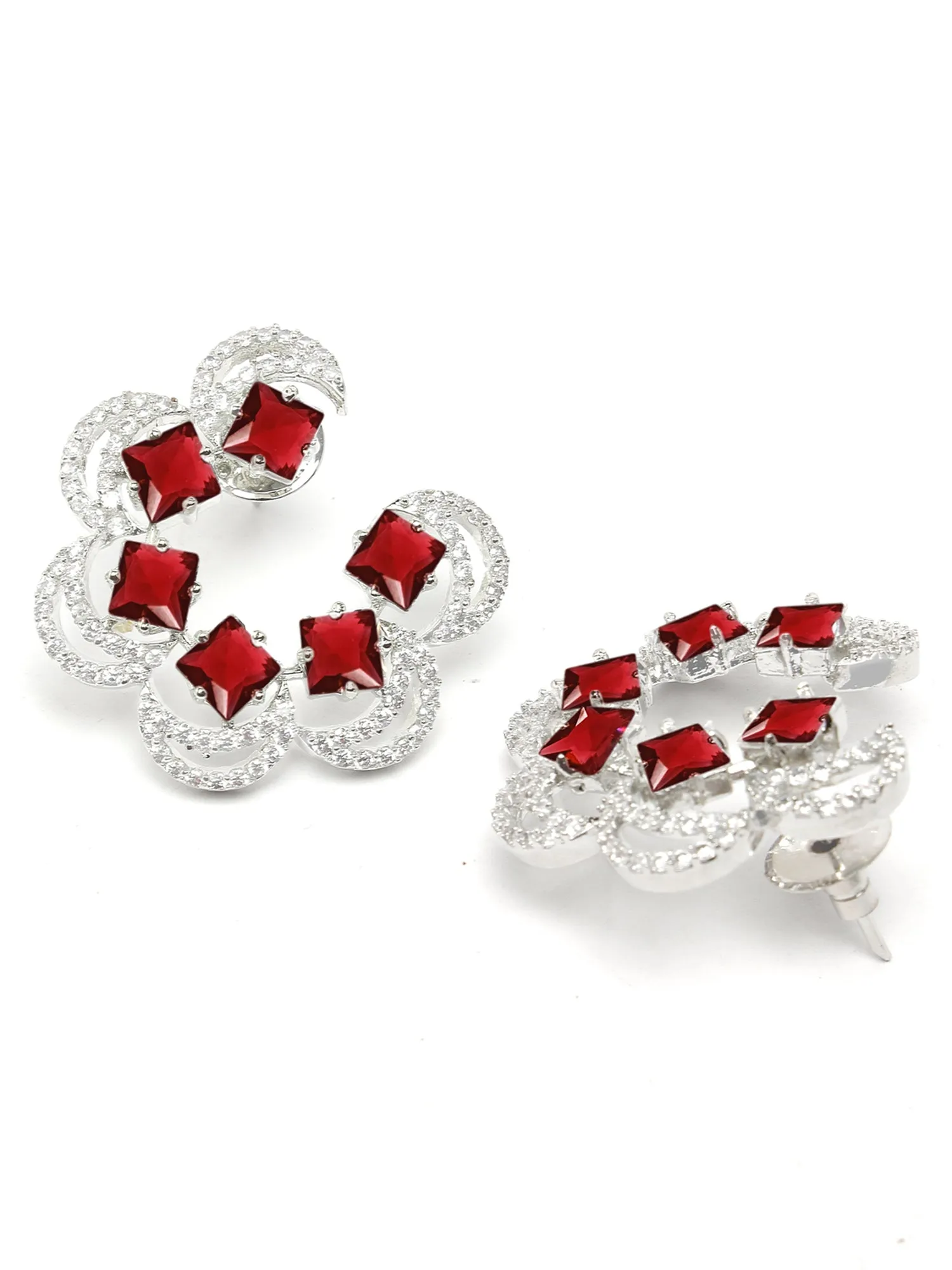 Karatcart Silver Plated Moon Design Red Cubic Zirconia Stud Earrings for Women