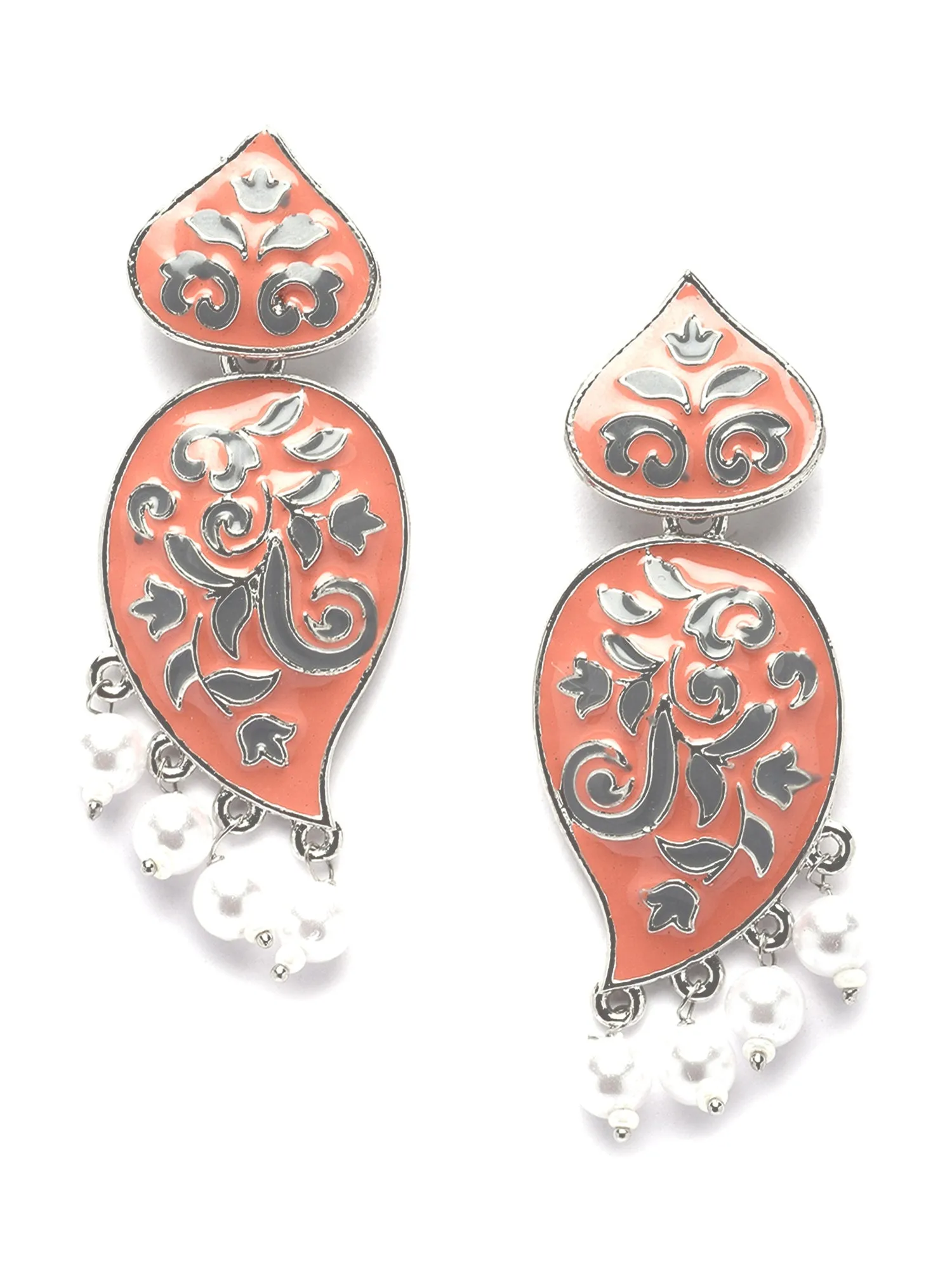 Karatcart Silver Plated Peach and Grey Meena Drop Earrings for Women