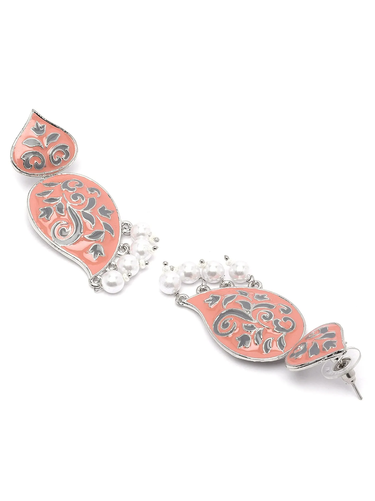 Karatcart Silver Plated Peach and Grey Meena Drop Earrings for Women