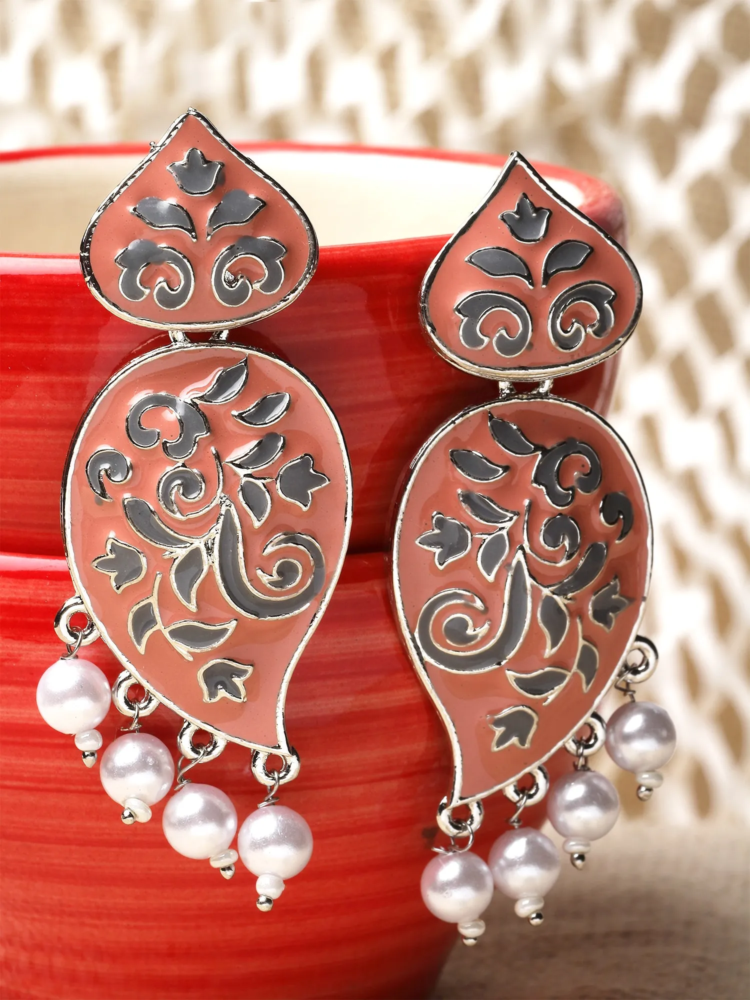 Karatcart Silver Plated Peach and Grey Meena Drop Earrings for Women