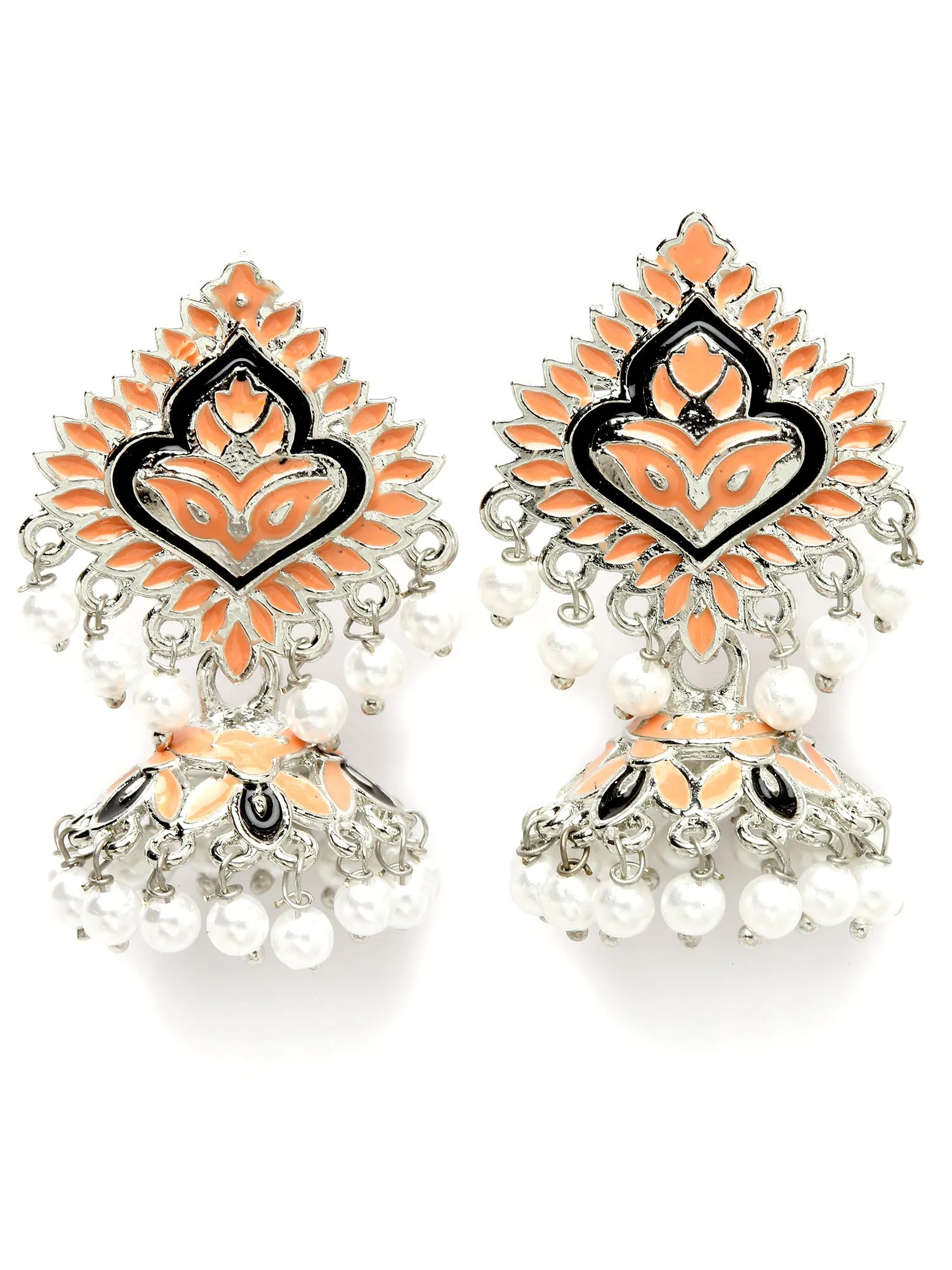 Karatcart Silver Plated Peach Meena Jhumki Earrings for Women