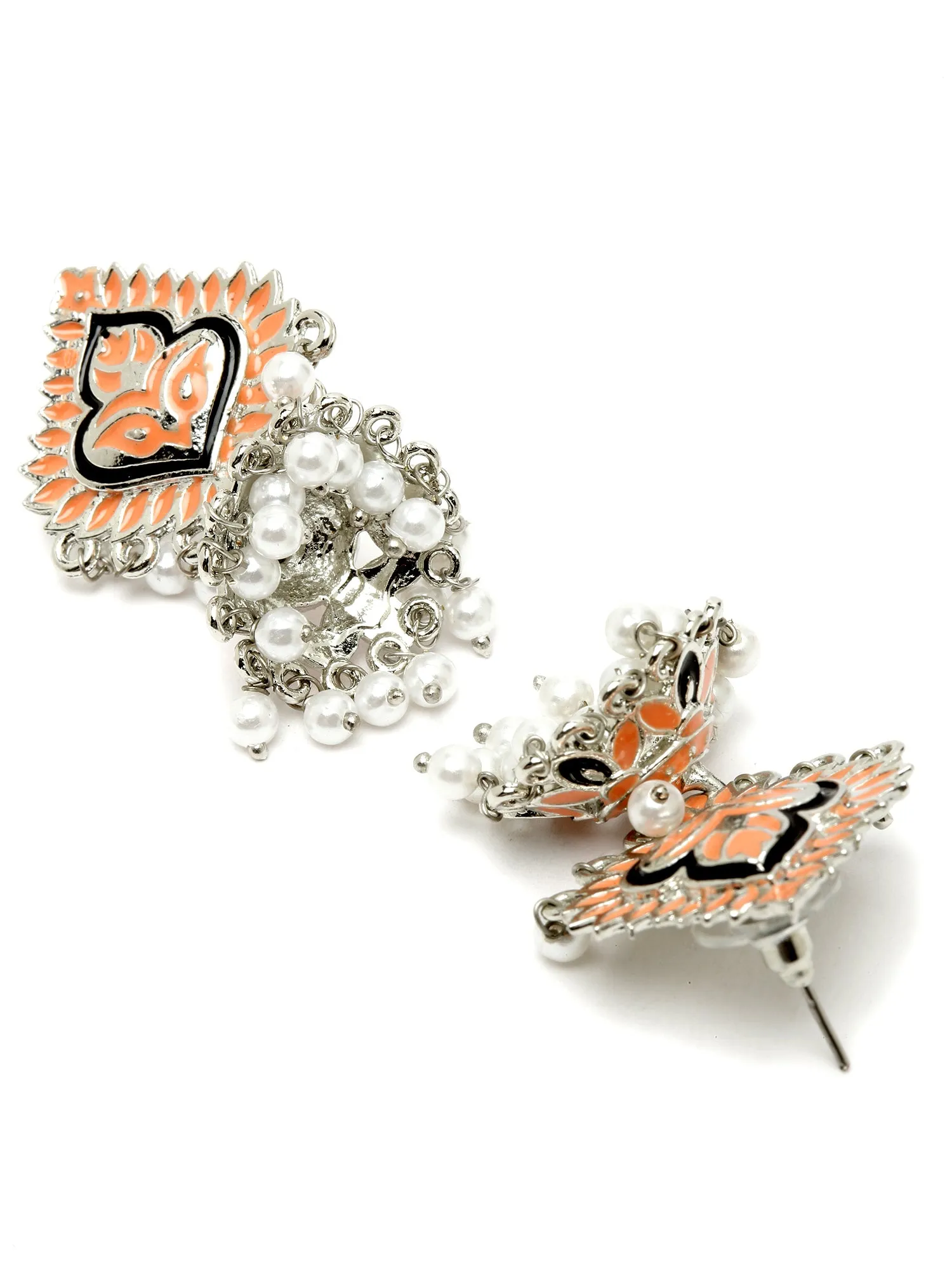 Karatcart Silver Plated Peach Meena Jhumki Earrings for Women