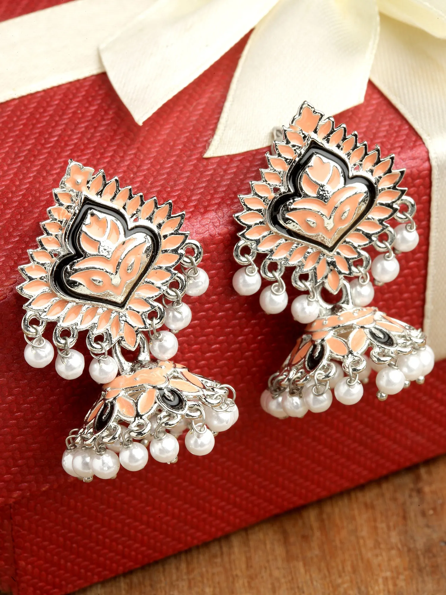 Karatcart Silver Plated Peach Meena Jhumki Earrings for Women