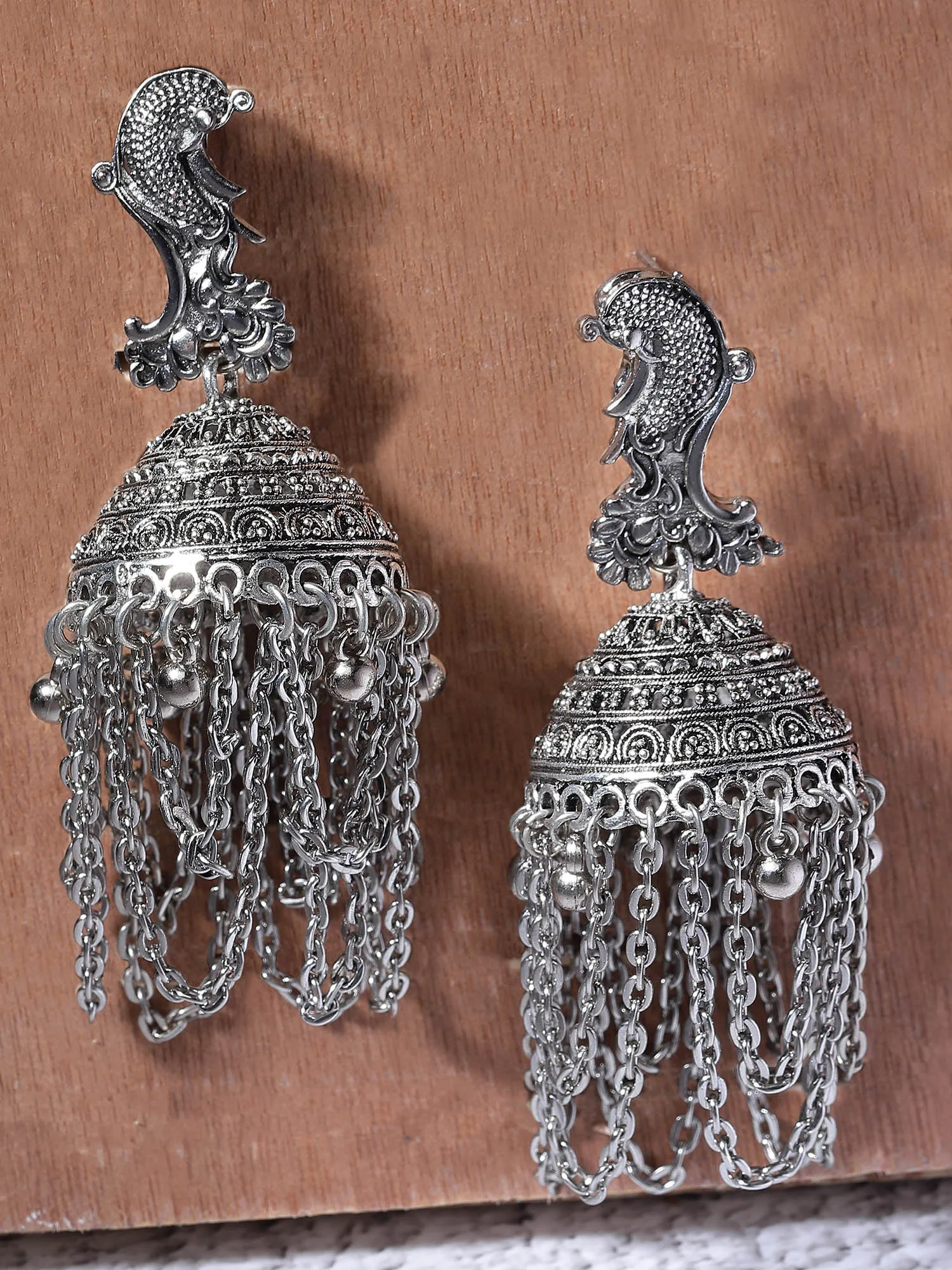 Karatcart Silver Plated Peacock Design Jhumki Earrings for Women