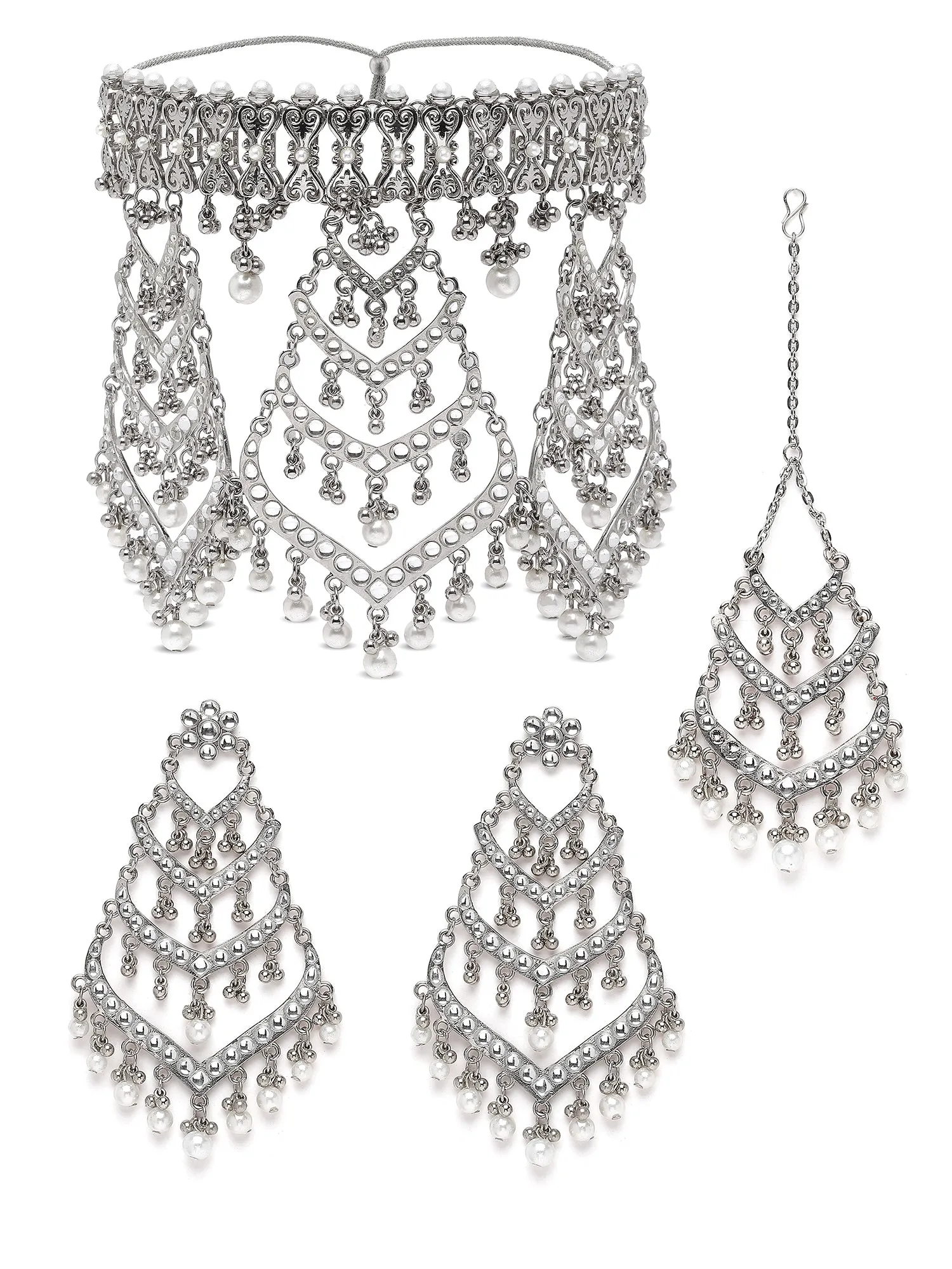 Karatcart Silver Plated Pearl and Kundan Choker Bridal Jewellery Set for Women