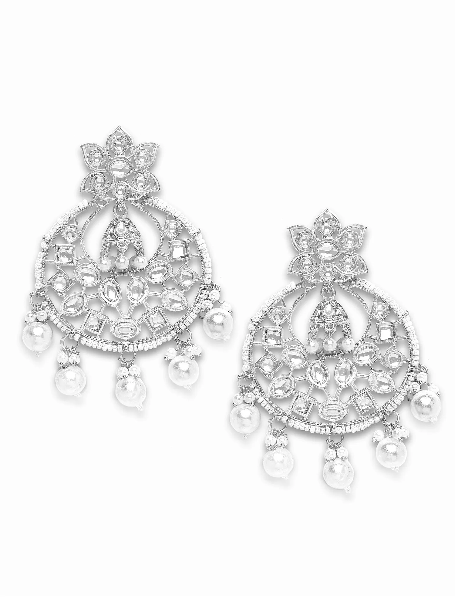Karatcart Silver Plated Pearl and Kundan Studded Dangler Earrings for Women