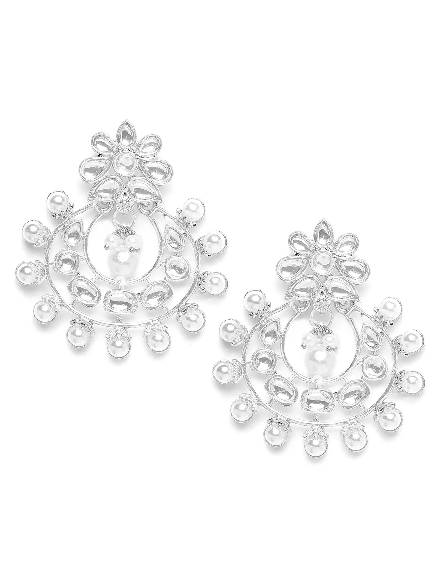 Karatcart Silver Plated Pearl and Kundan Studded Drop Earrings for Women