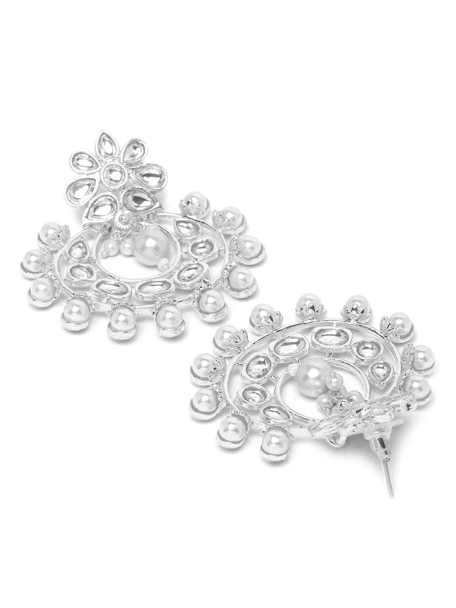 Karatcart Silver Plated Pearl and Kundan Studded Drop Earrings for Women