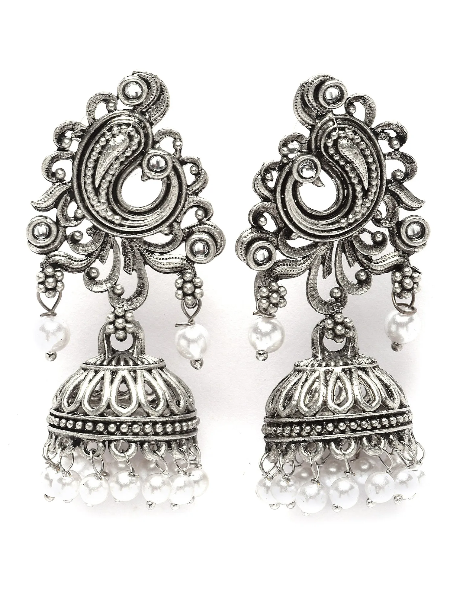 Karatcart Silver Plated Pearl Studded Jhumki Earrings for Women