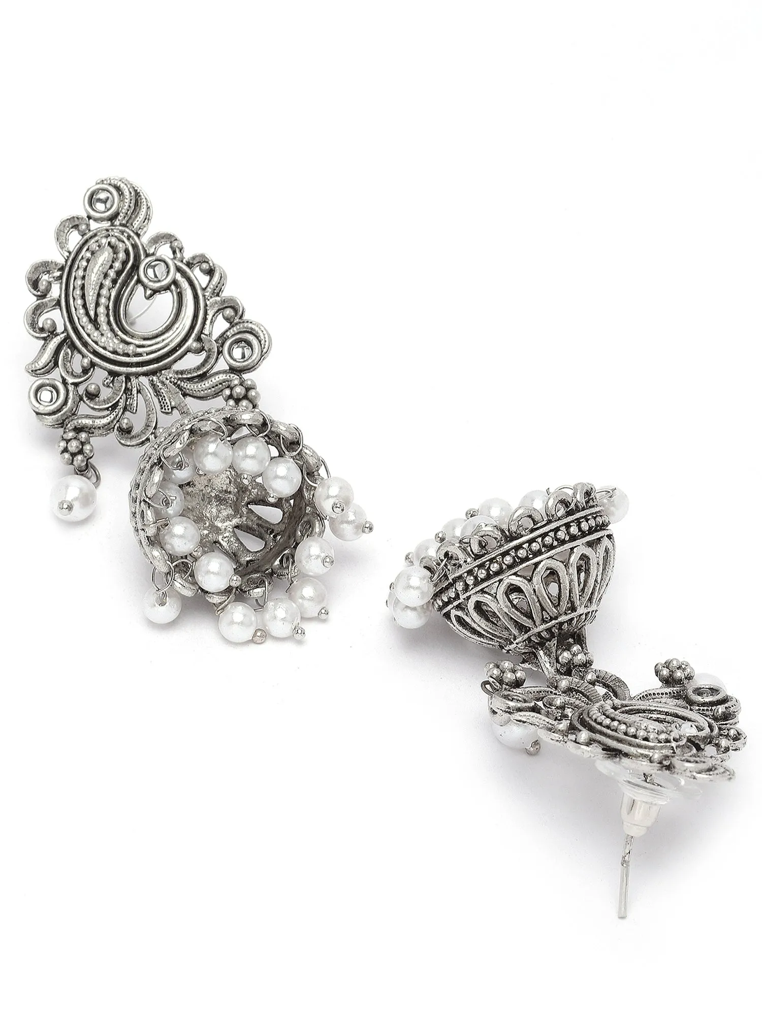 Karatcart Silver Plated Pearl Studded Jhumki Earrings for Women