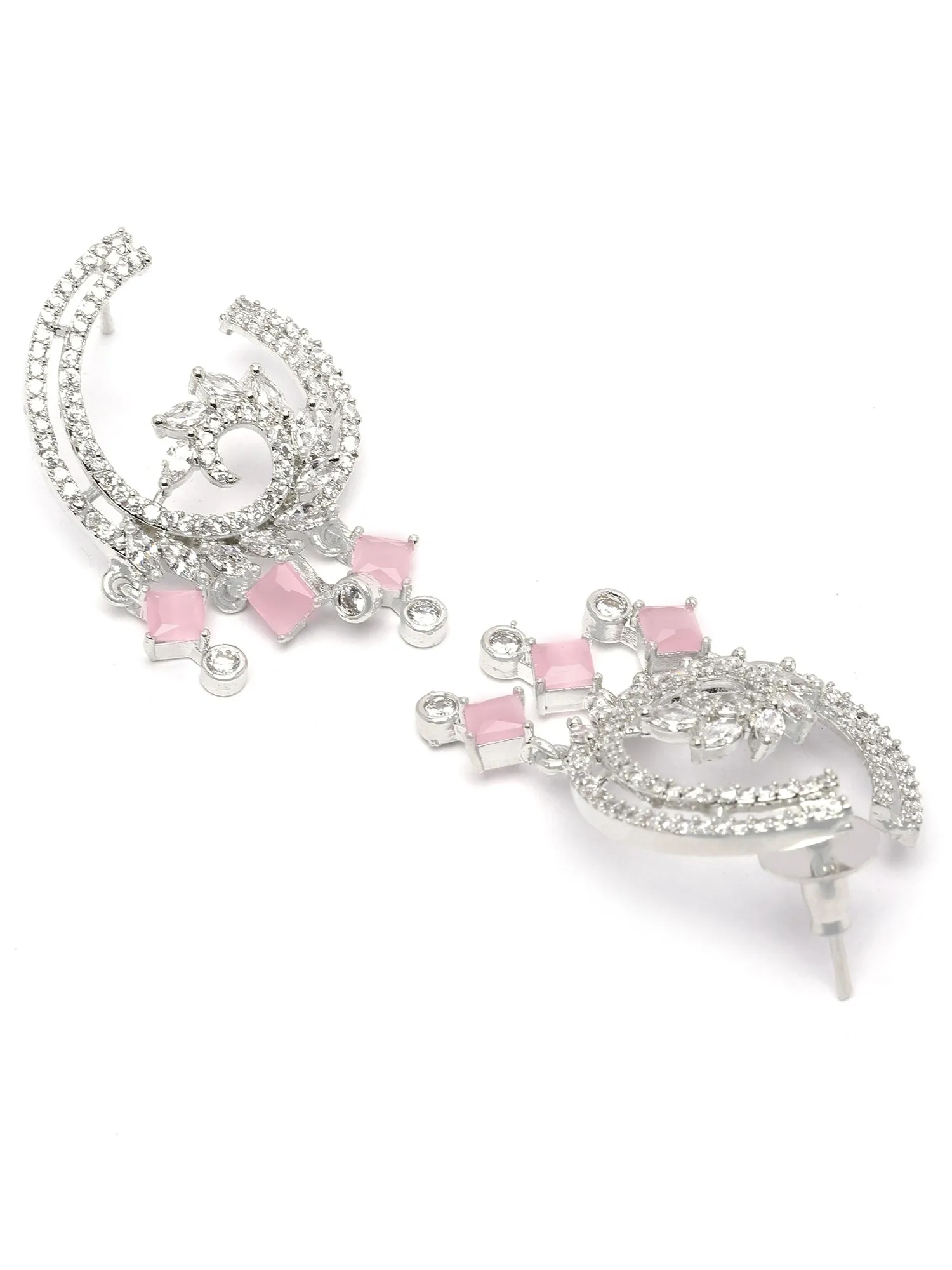 Karatcart Silver Plated Pink Cubic Zirconia Drop Earrings for Women