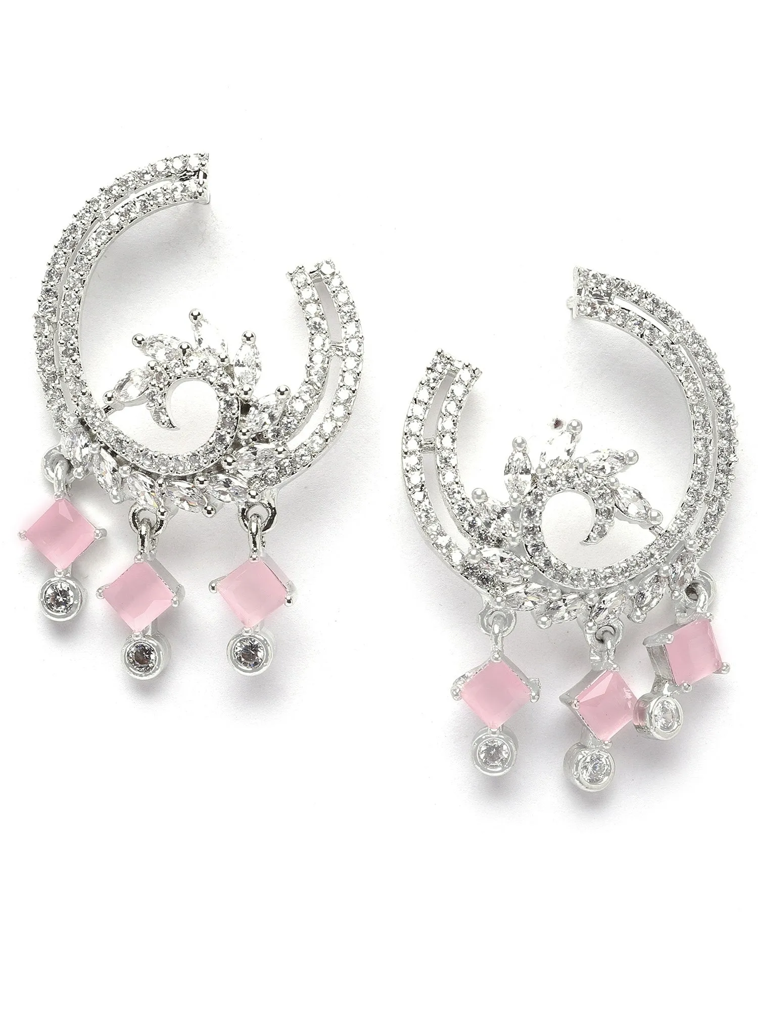 Karatcart Silver Plated Pink Cubic Zirconia Drop Earrings for Women