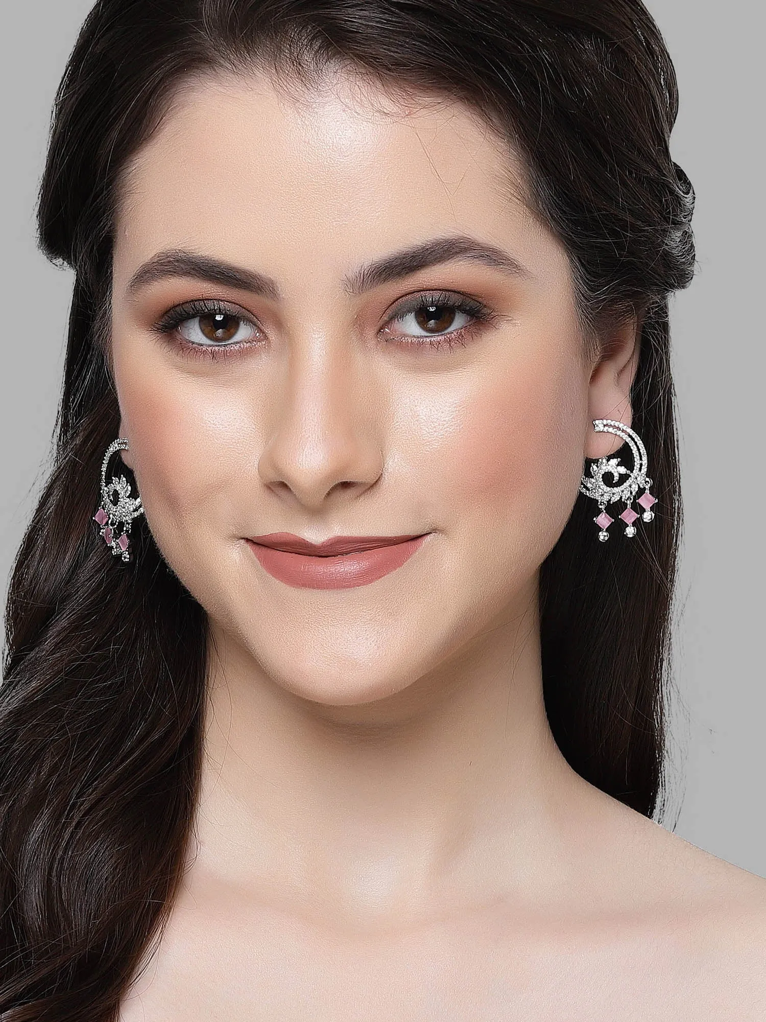Karatcart Silver Plated Pink Cubic Zirconia Drop Earrings for Women