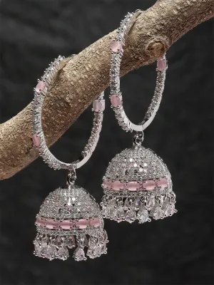 Karatcart Silver Plated Pink Cubic Zirconia Studded Hoop Jhumki Earrings for Women