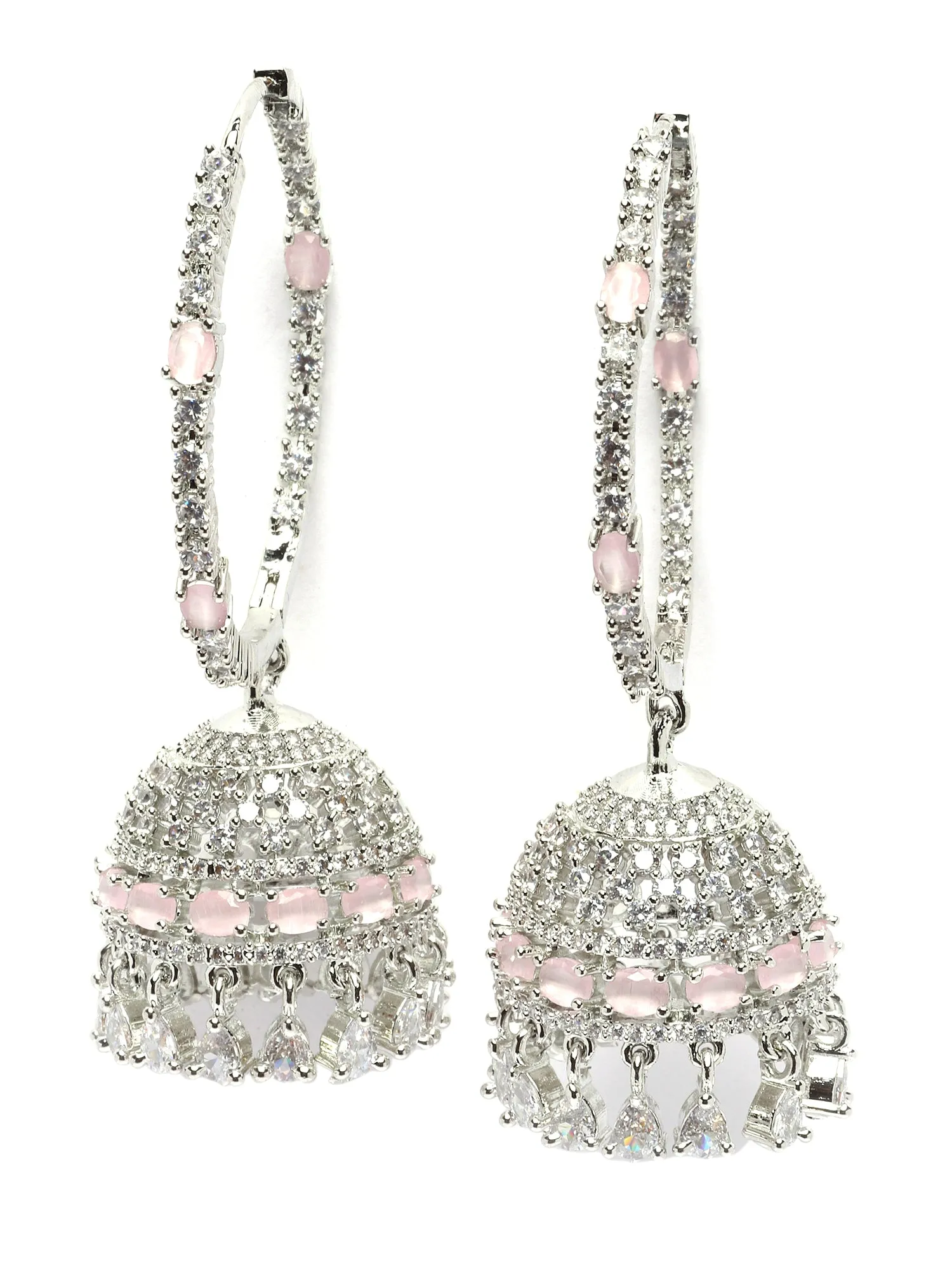 Karatcart Silver Plated Pink Cubic Zirconia Studded Hoop Jhumki Earrings for Women