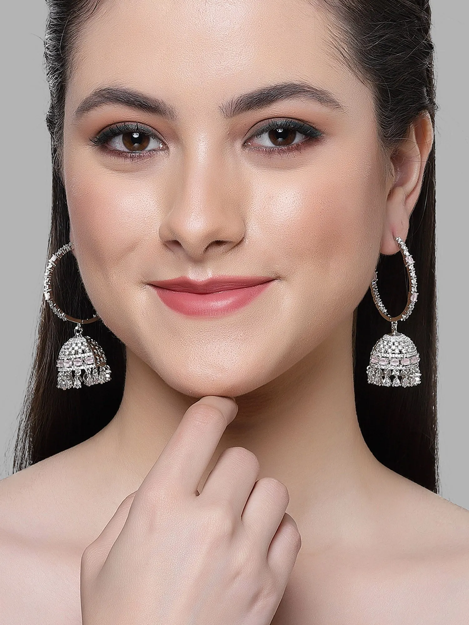 Karatcart Silver Plated Pink Cubic Zirconia Studded Hoop Jhumki Earrings for Women