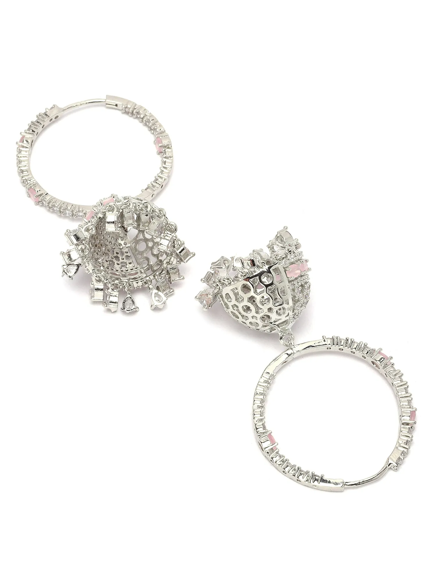 Karatcart Silver Plated Pink Cubic Zirconia Studded Hoop Jhumki Earrings for Women