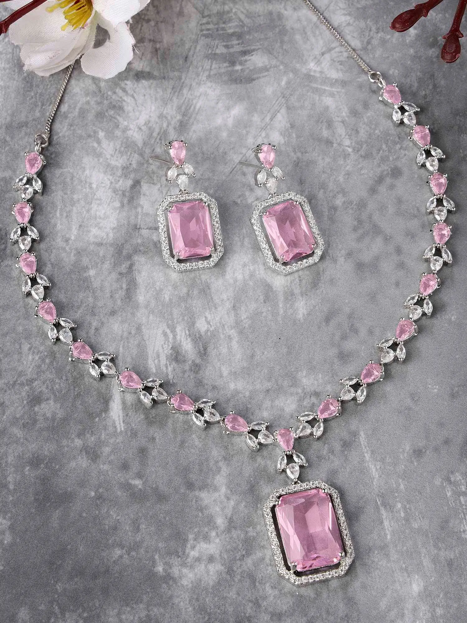 Karatcart Silver Plated Pink Cubic Zirconia Studded Jewellery Set for Women