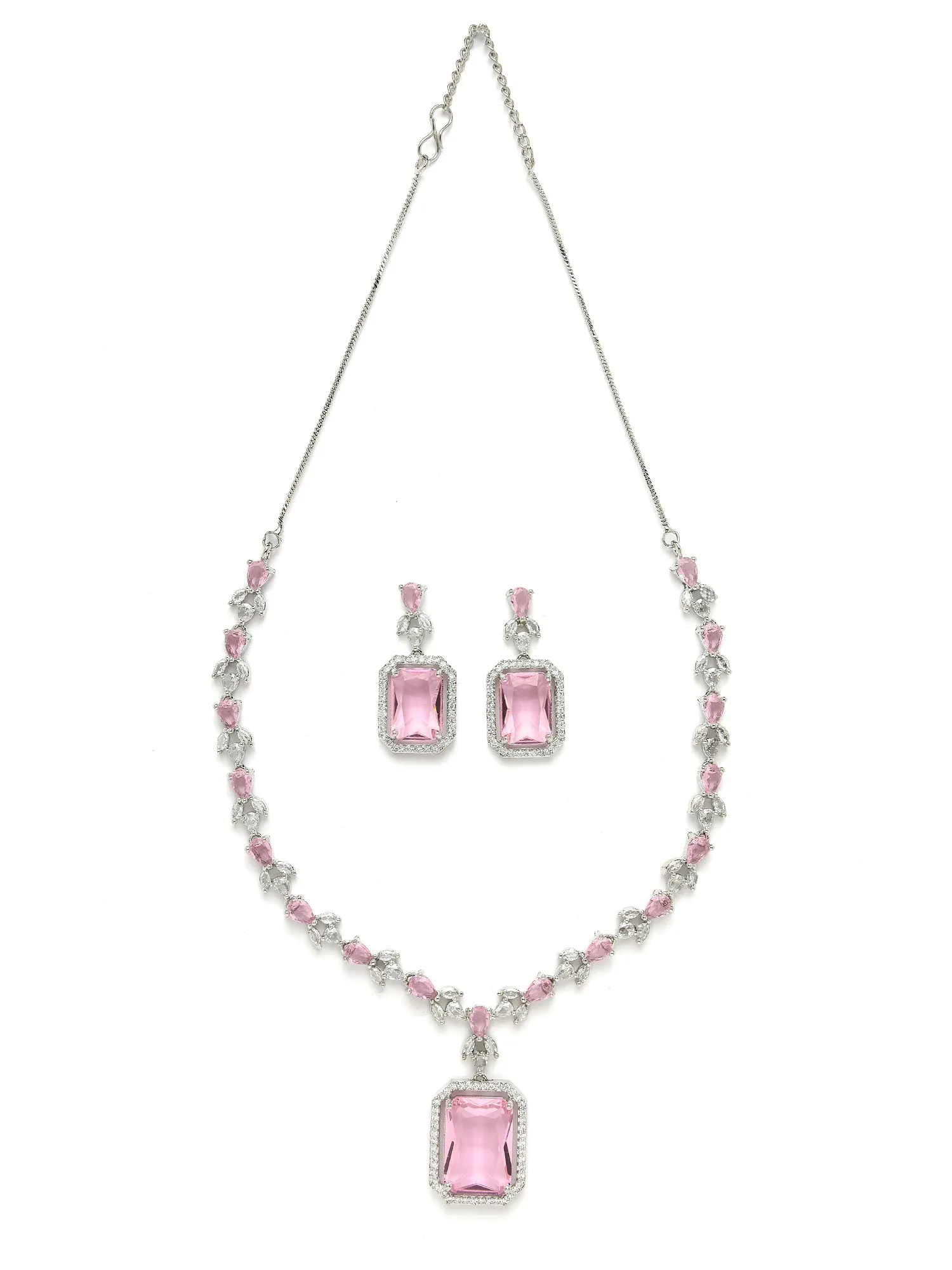 Karatcart Silver Plated Pink Cubic Zirconia Studded Jewellery Set for Women