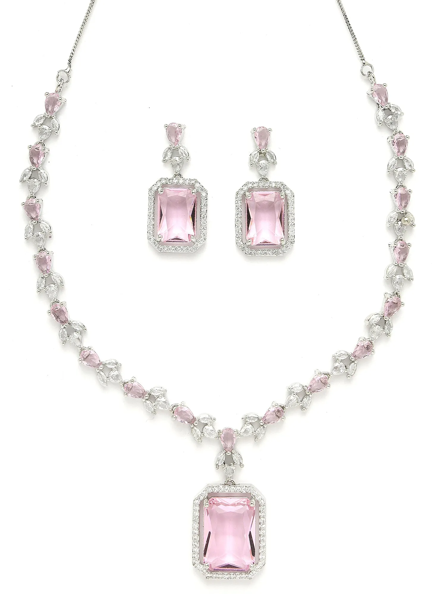 Karatcart Silver Plated Pink Cubic Zirconia Studded Jewellery Set for Women