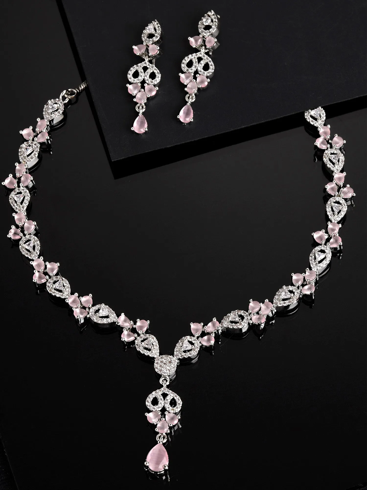 Karatcart Silver Plated Pink Cubic Zirconia Studded Necklace Set