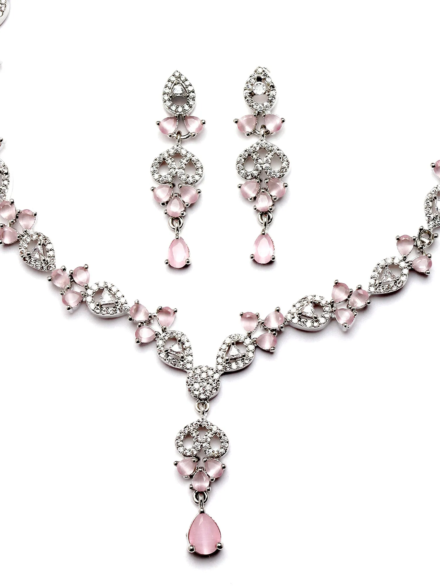 Karatcart Silver Plated Pink Cubic Zirconia Studded Necklace Set