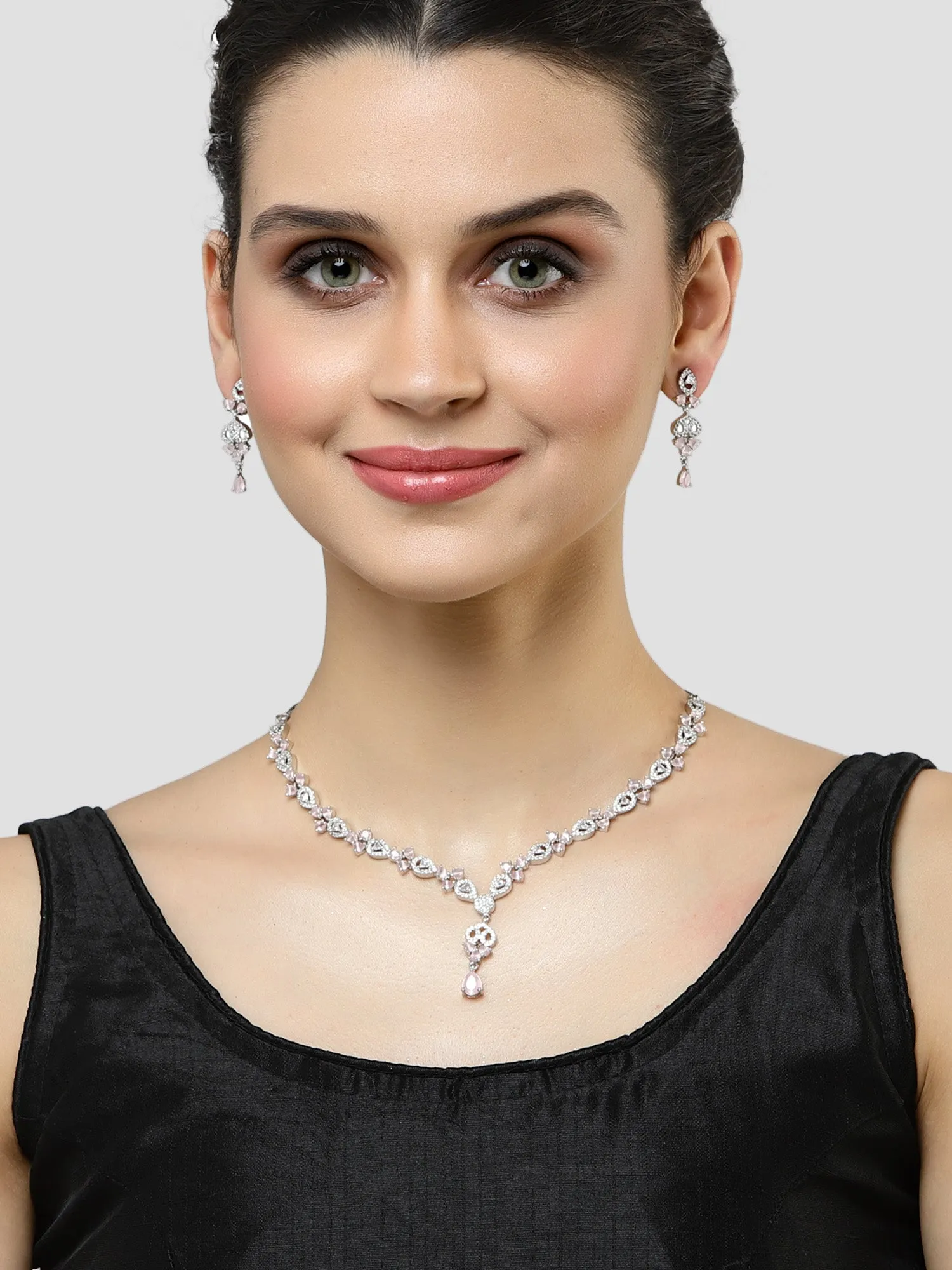 Karatcart Silver Plated Pink Cubic Zirconia Studded Necklace Set